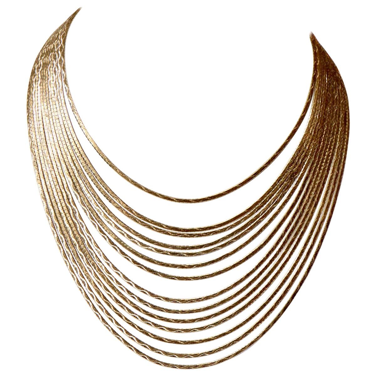 Mehrreihige Halskette aus 18 Karat Gelbgold, bestehend aus 14 Scharnierdrähten aus Satin im Angebot