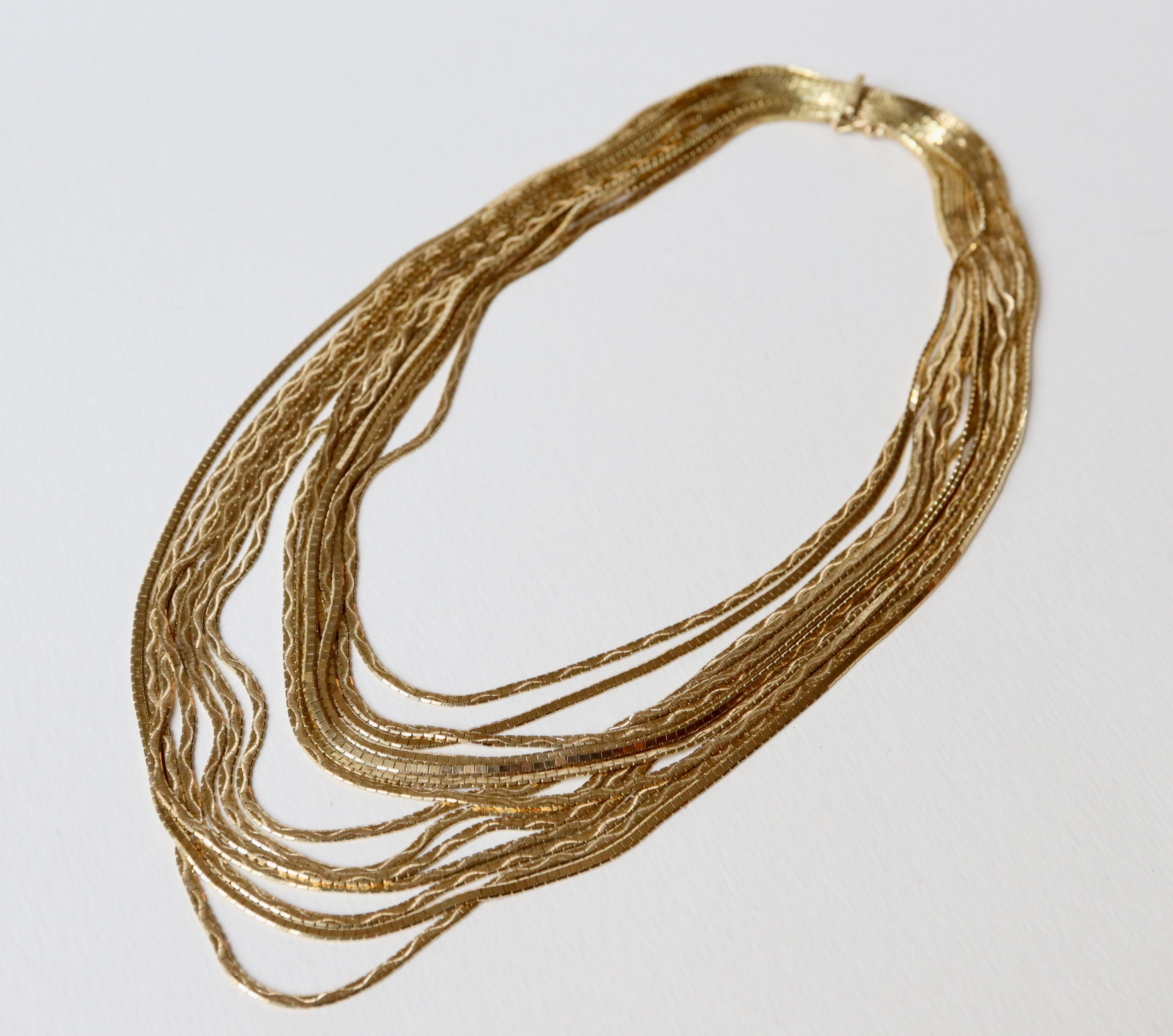 Mehrreihige Halskette aus 18 Karat Gelbgold, bestehend aus 14 Scharnierdrähten aus Satin im Angebot 2