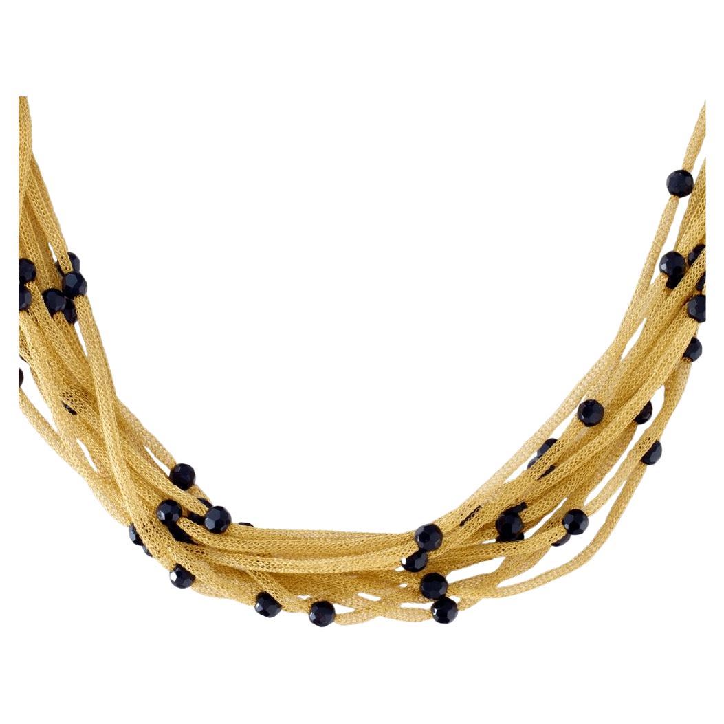 Mehrreihige Halskette aus 18 Karat Gold mit facettierten Onyxperlen Stationen im Angebot