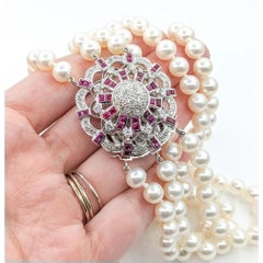 Multi-Strand Akoya Pearl Necklace with Diamond and Ruby Clasp in 14K White Gold