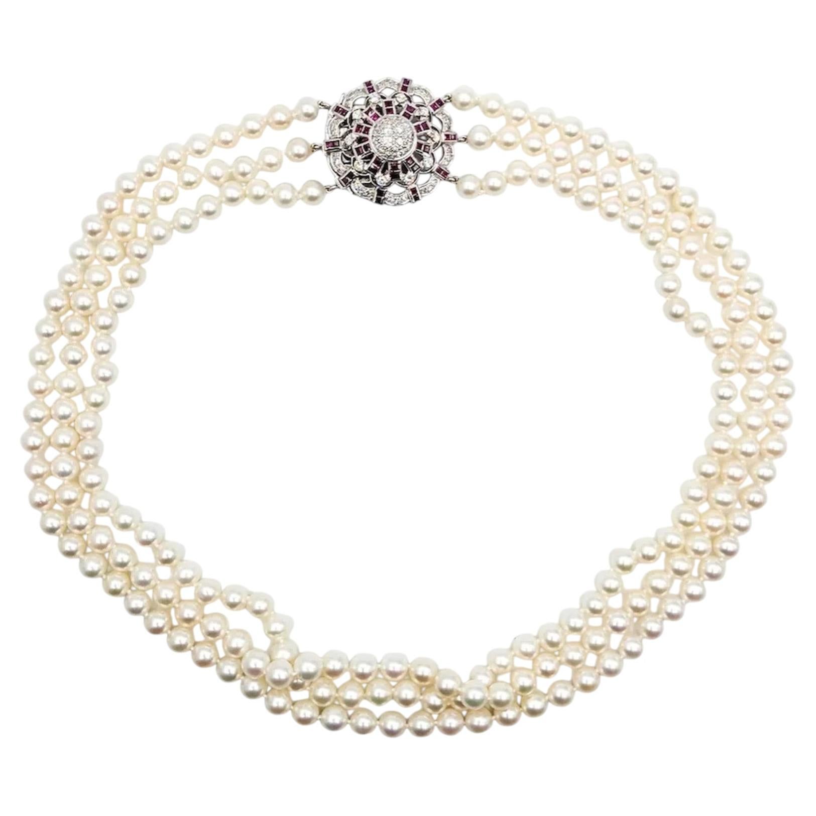 Multi-Strand Akoya Pearl Necklace with Diamond and Ruby Clasp in 14K White Gold