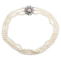 Multi-Strand Akoya Pearl Necklace with Diamond and Ruby Clasp in 14K White Gold