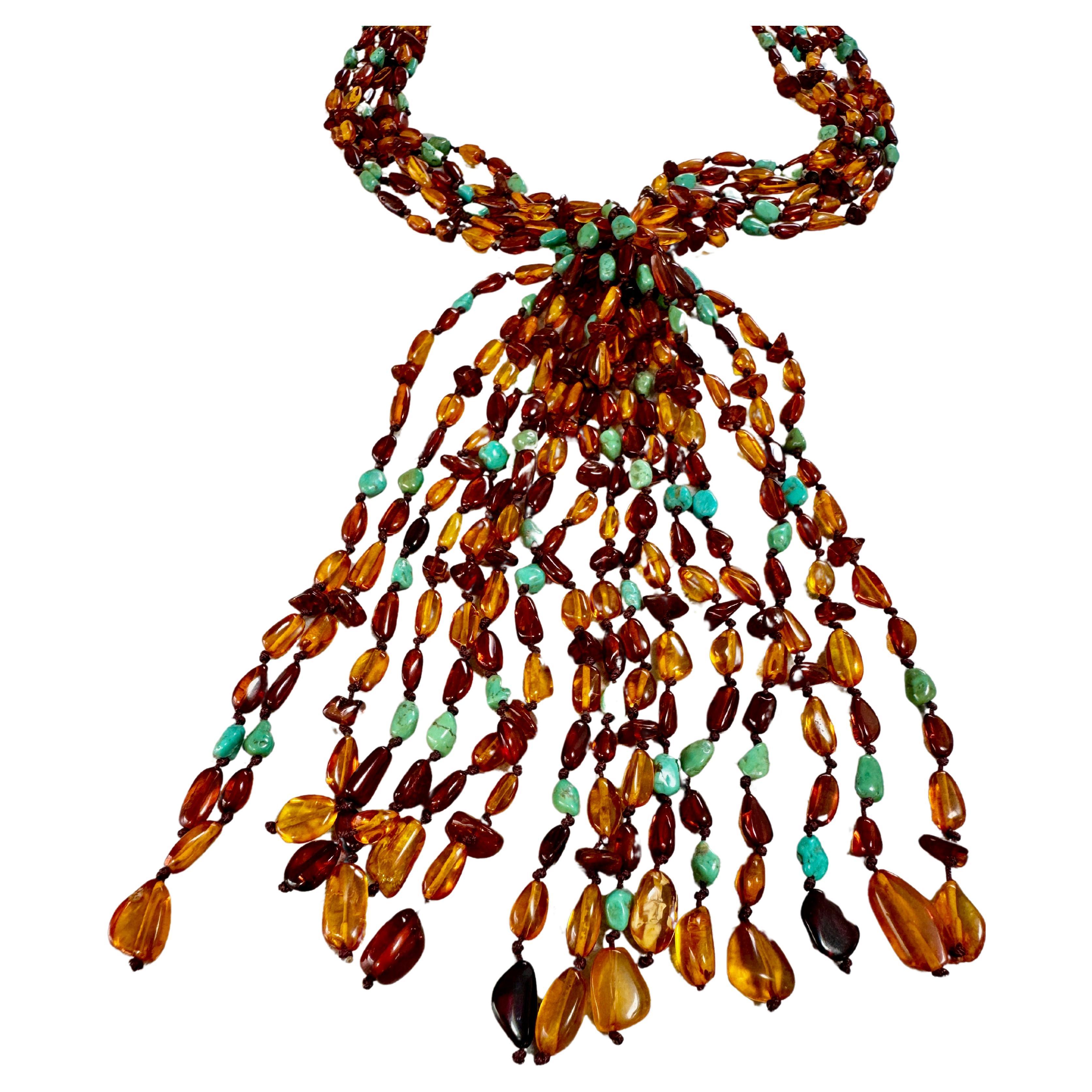 Mixed Cut Multi Strand Amber And Turquoise Necklace