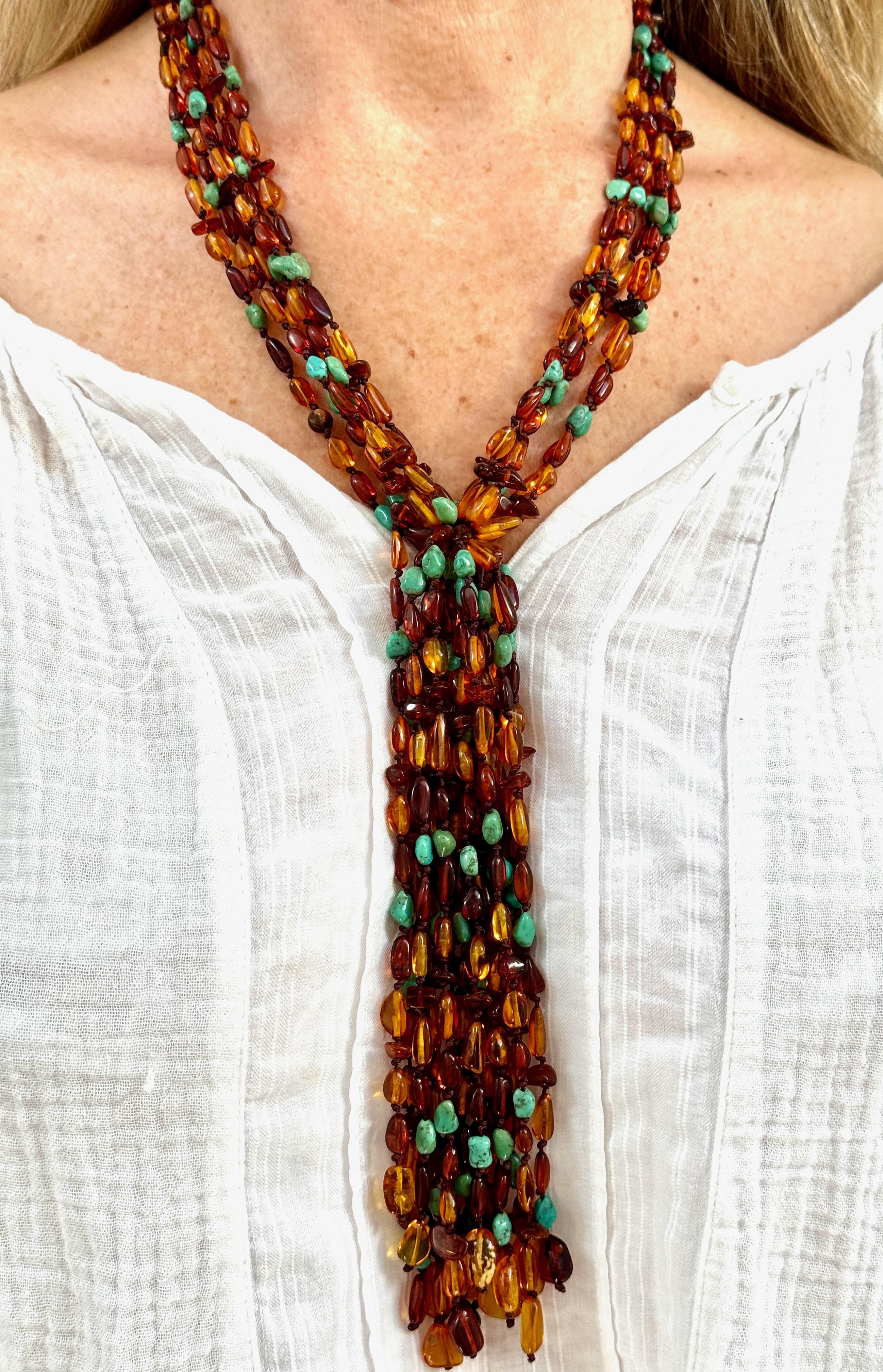 Multi Strand Amber And Turquoise Necklace In New Condition In Lake Worth, FL