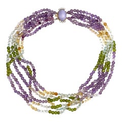 Multi-strand Amethyst Citrine Quartz Peridot Necklace with Lavender Jade Clasp