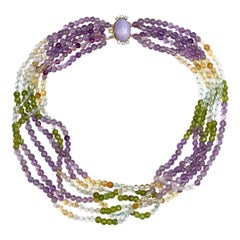 Multi-strand Amethyst Citrine Quartz Peridot Necklace with Lavender Jade Clasp