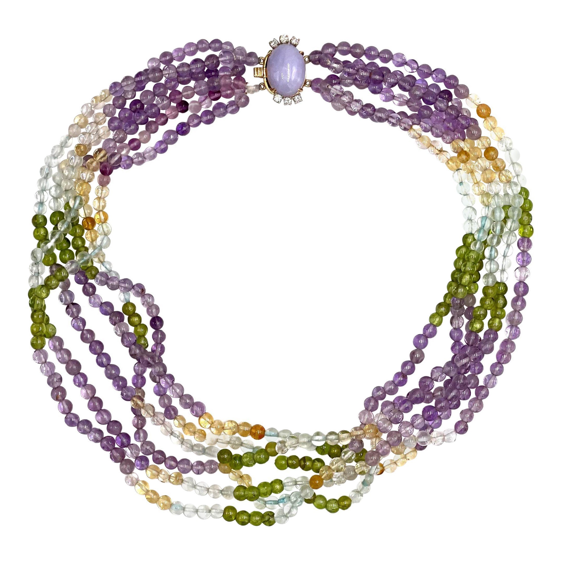 Collier multibrins Améthyste Citrine Quartz Péridot avec fermoir en Jade Lavande
