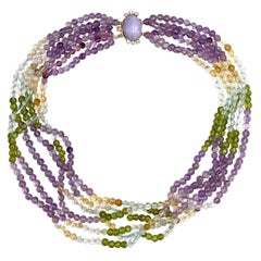 Multi-strand Amethyst Citrine Quartz Peridot Necklace with Lavender Jade Clasp