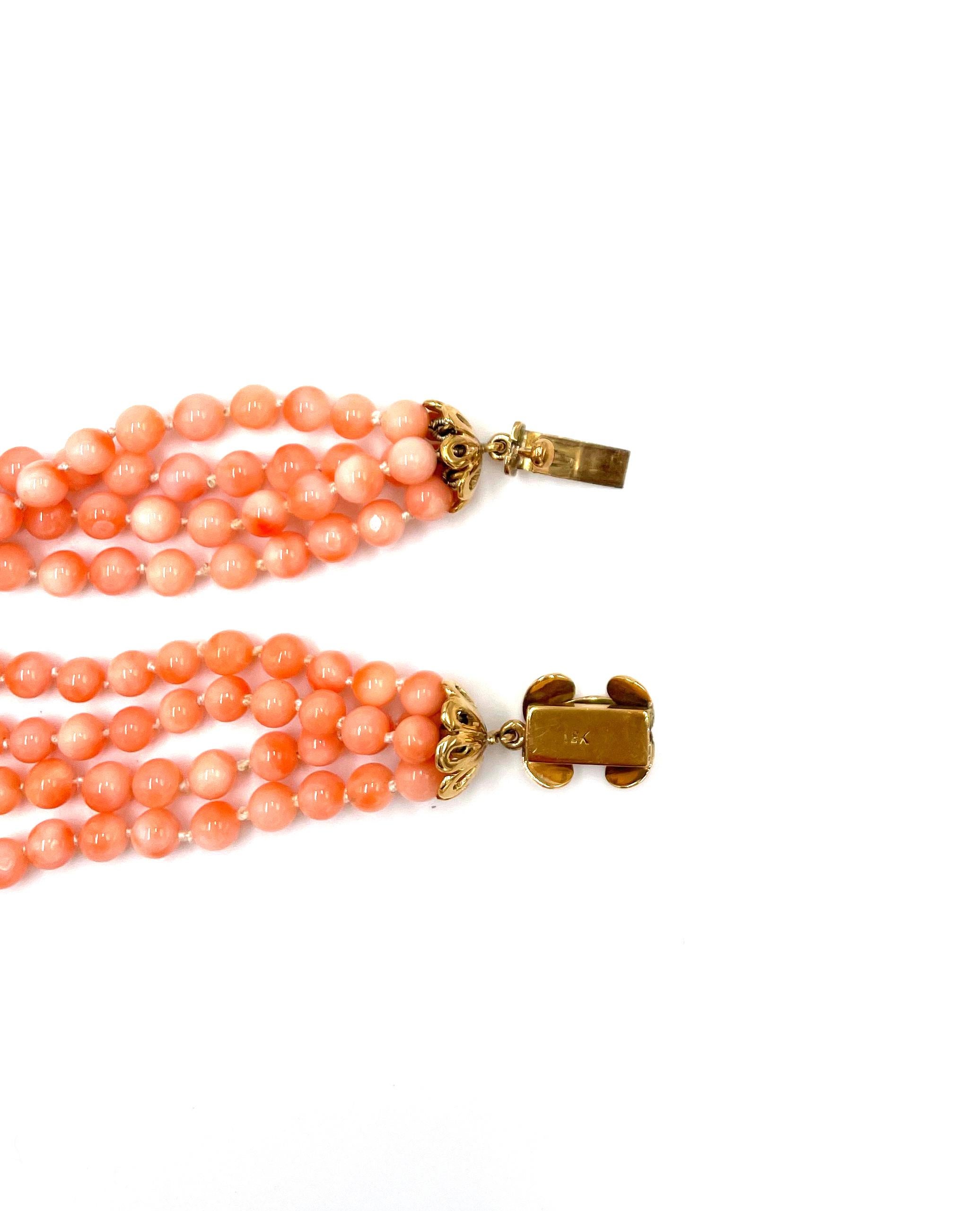 Multi Strand Angel Coral Bead Necklace with Swan Tassel In Good Condition For Sale In Old Tappan, NJ