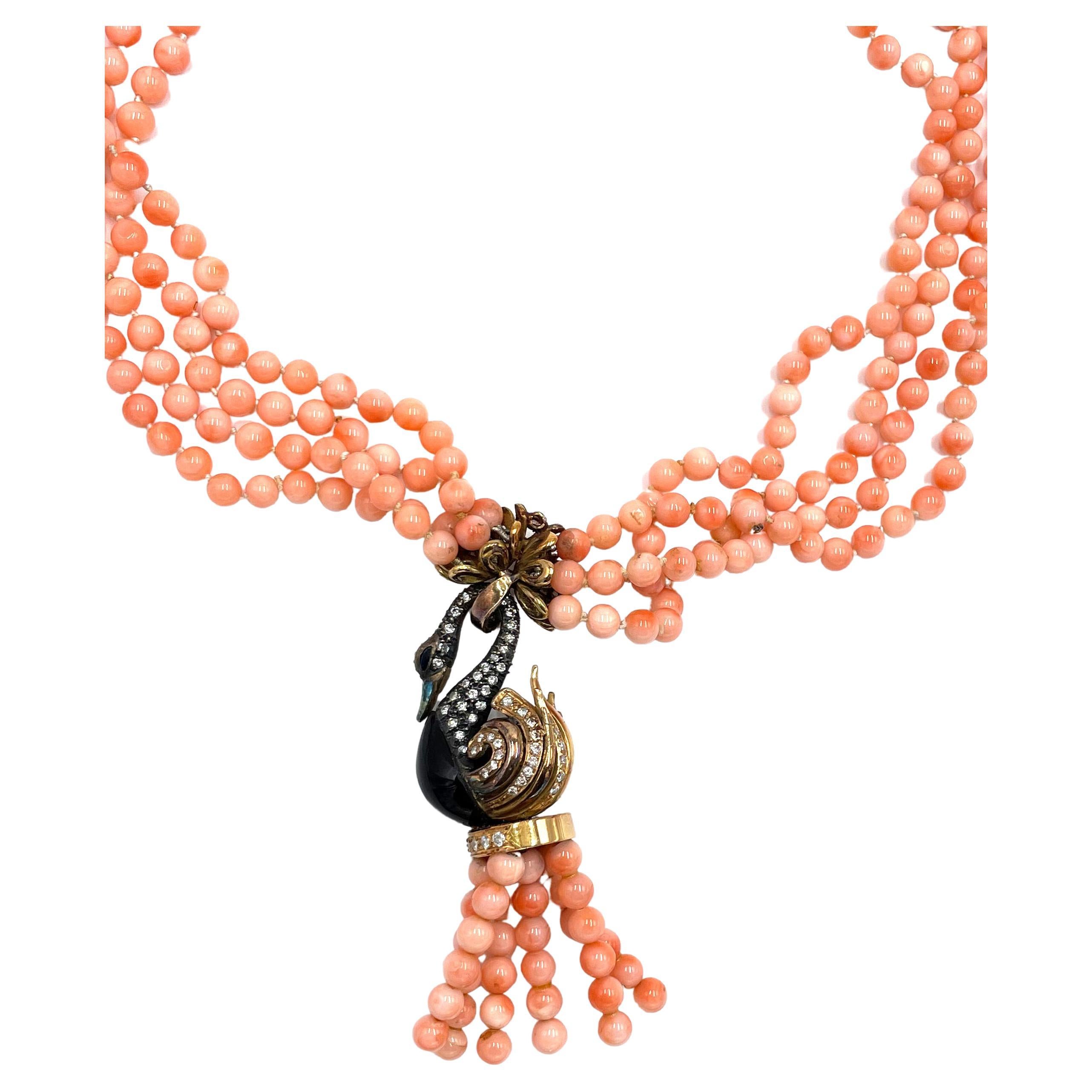 Multi Strand Angel Coral Bead Necklace with Swan Tassel