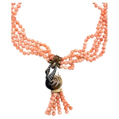 Multi Strand Angel Coral Bead Necklace with Swan Tassel