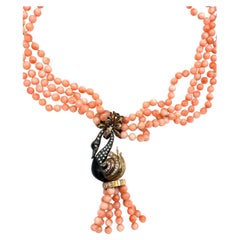 Multi Strand Angel Orange and Pink Coral Bead Necklace with Fancy Swan Tassel