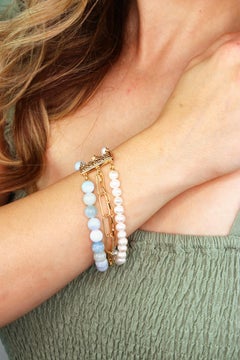 Multi Strand Aquamarine, Pearl and 14k Gold Filled Paperclip Chain Bracelet