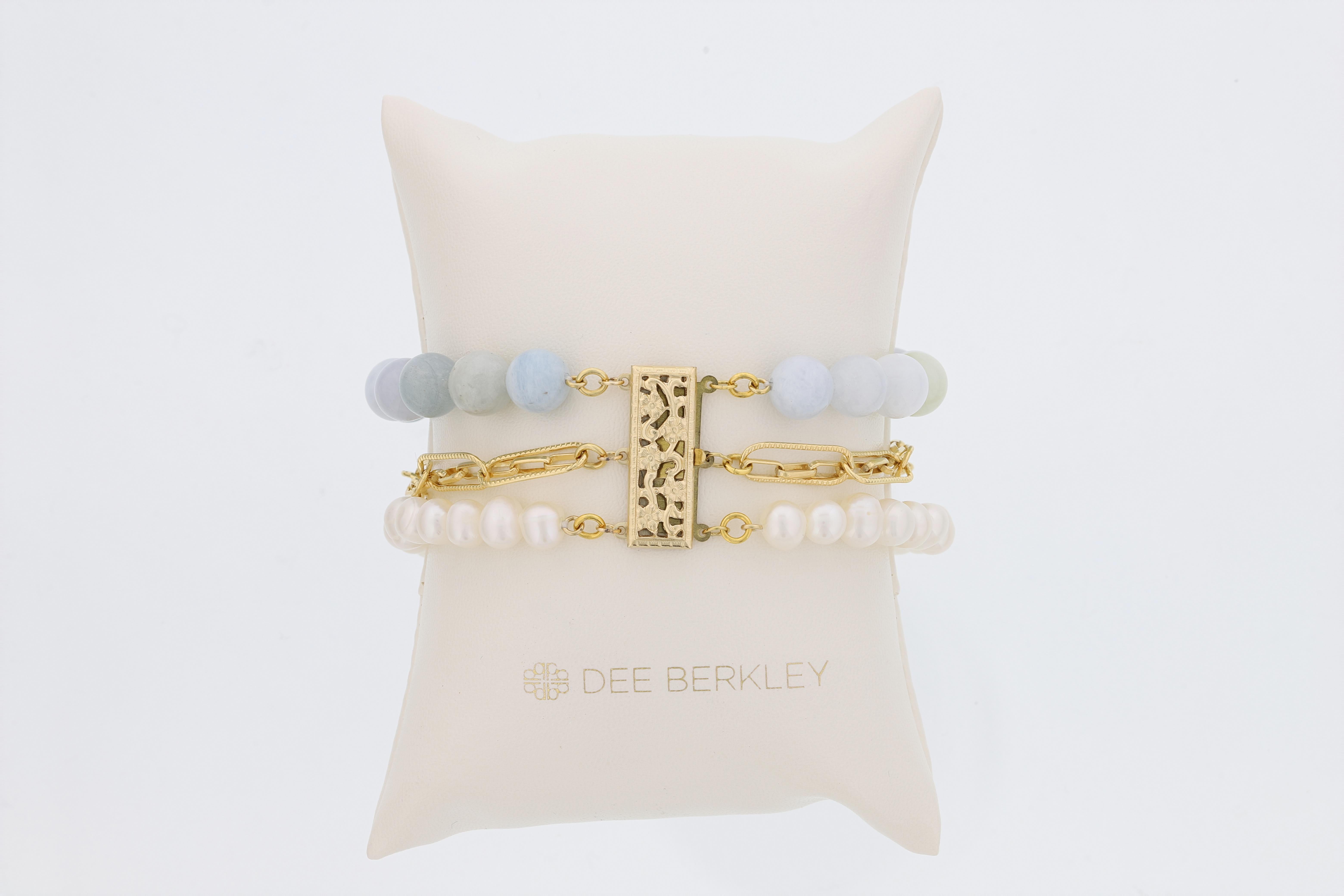 Bead Multi Strand Aquamarine, Pearl and 14k Gold Filled Paperclip Chain Bracelet For Sale