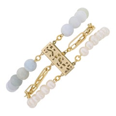 Multi Strand Aquamarine, Pearl and 14k Gold Filled Paperclip Chain Bracelet