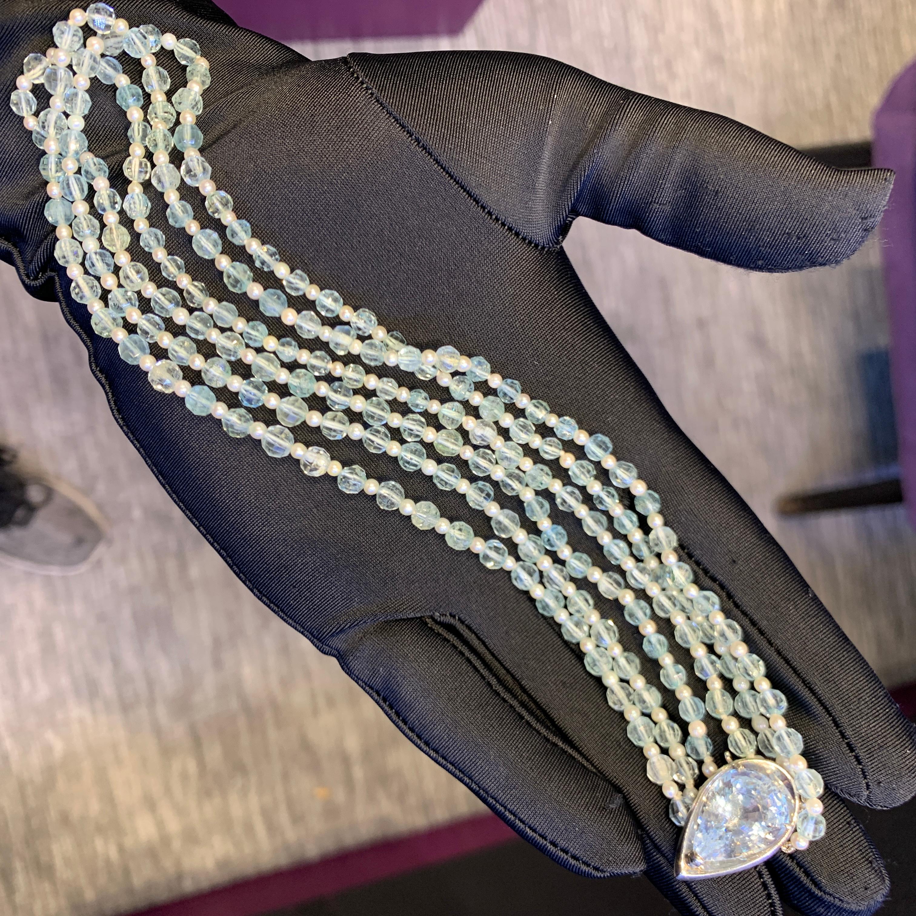 Mehrstrangige Halskette aus Aquamarin und Perle im Zustand „Hervorragend“ im Angebot in New York, NY
