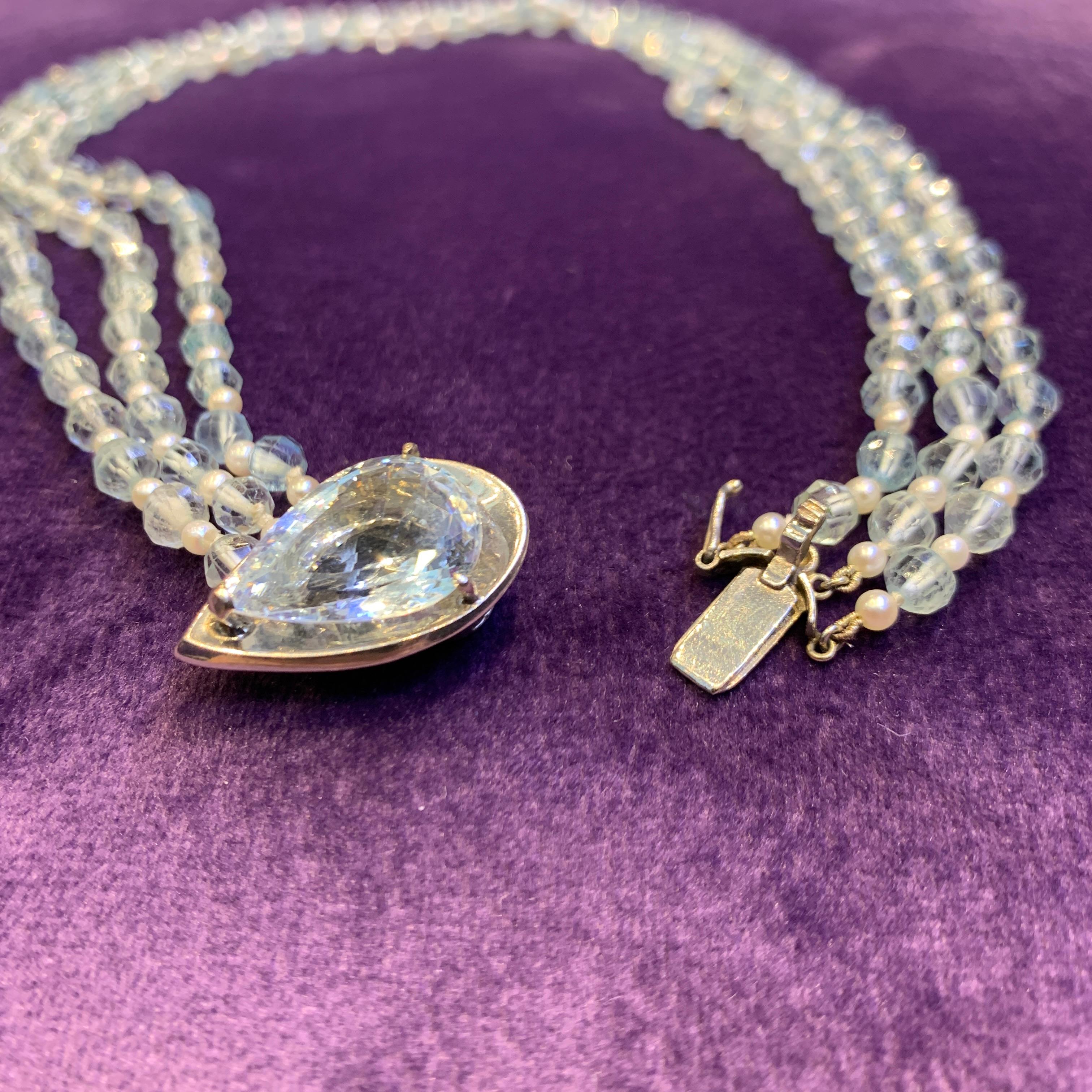 Mehrstrangige Halskette aus Aquamarin und Perle im Angebot 3