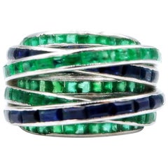 Multi Strand Baguette Ceylon Sapphire & Colombian Emerald White Gold Ring