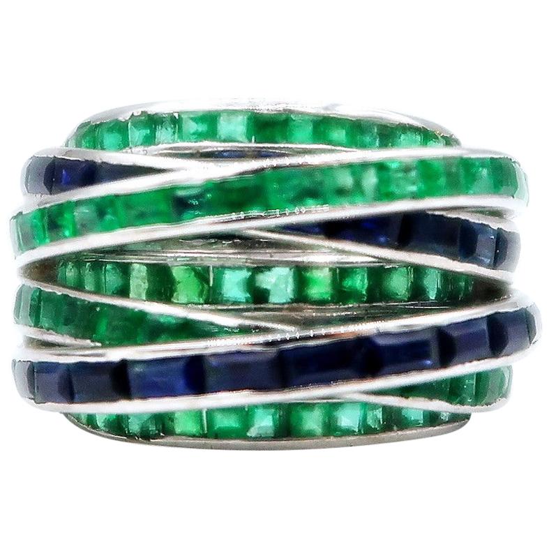 Multi Strand Baguette Colombian Emerald & Ceylon Sapphire 18K White Gold Ring For Sale