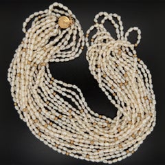 Multi Strand Baroque Pearl and Gold Bead Necklace