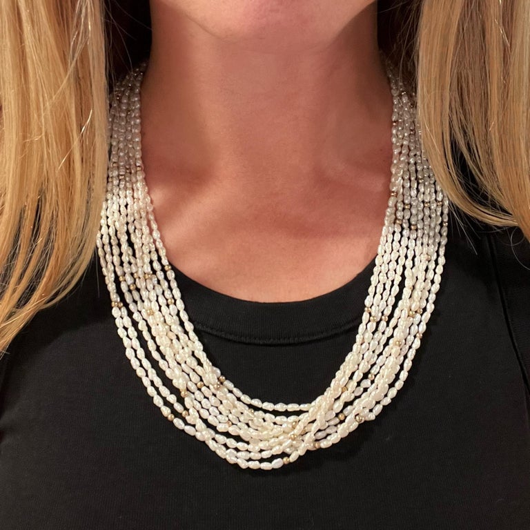 Multi Strand Baroque Pearl and Gold Bead Necklace For Sale at 1stDibs