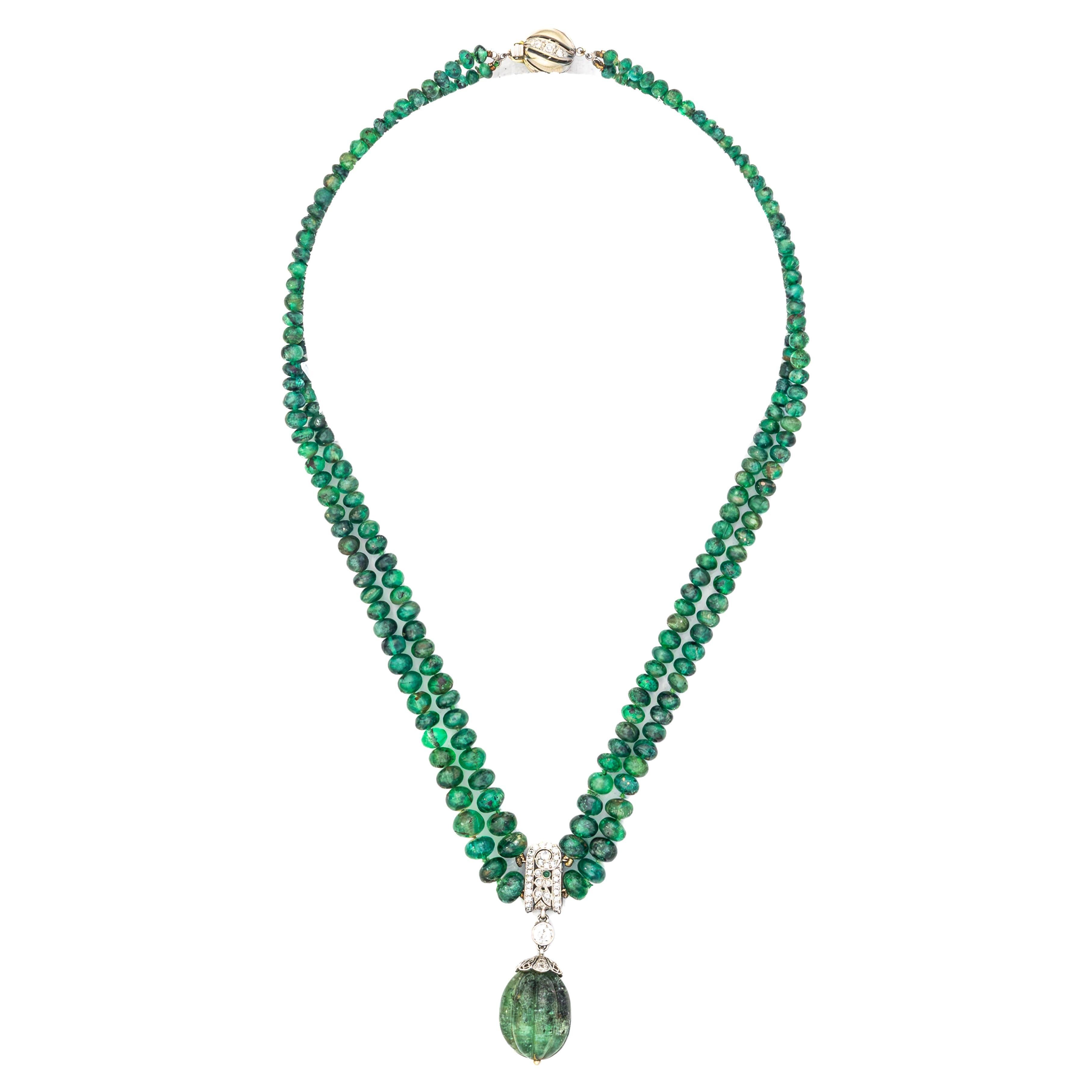 Multi Strand Bead Emerald Necklace with Carved Drop Pendant