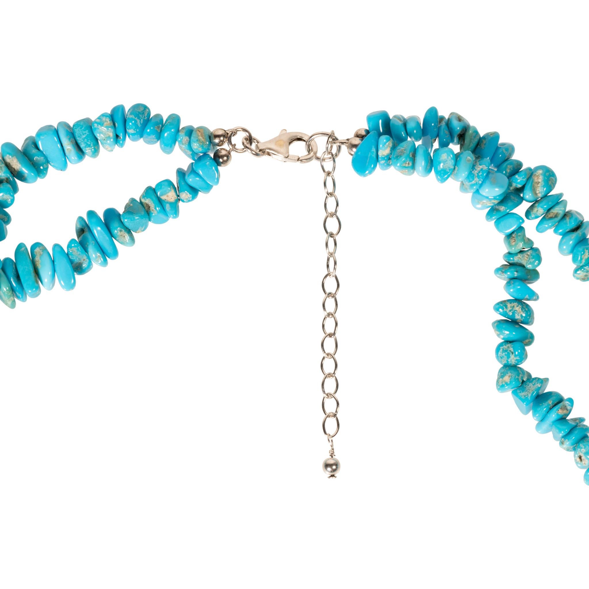 Multi strand beaded turquoise necklace with traditional sterling silver twisted clasps with long extender. Navajo made. Ten layered strands with genuine discs of light, bright blue turquoise with minimal to no matrix. Beads are small and finely