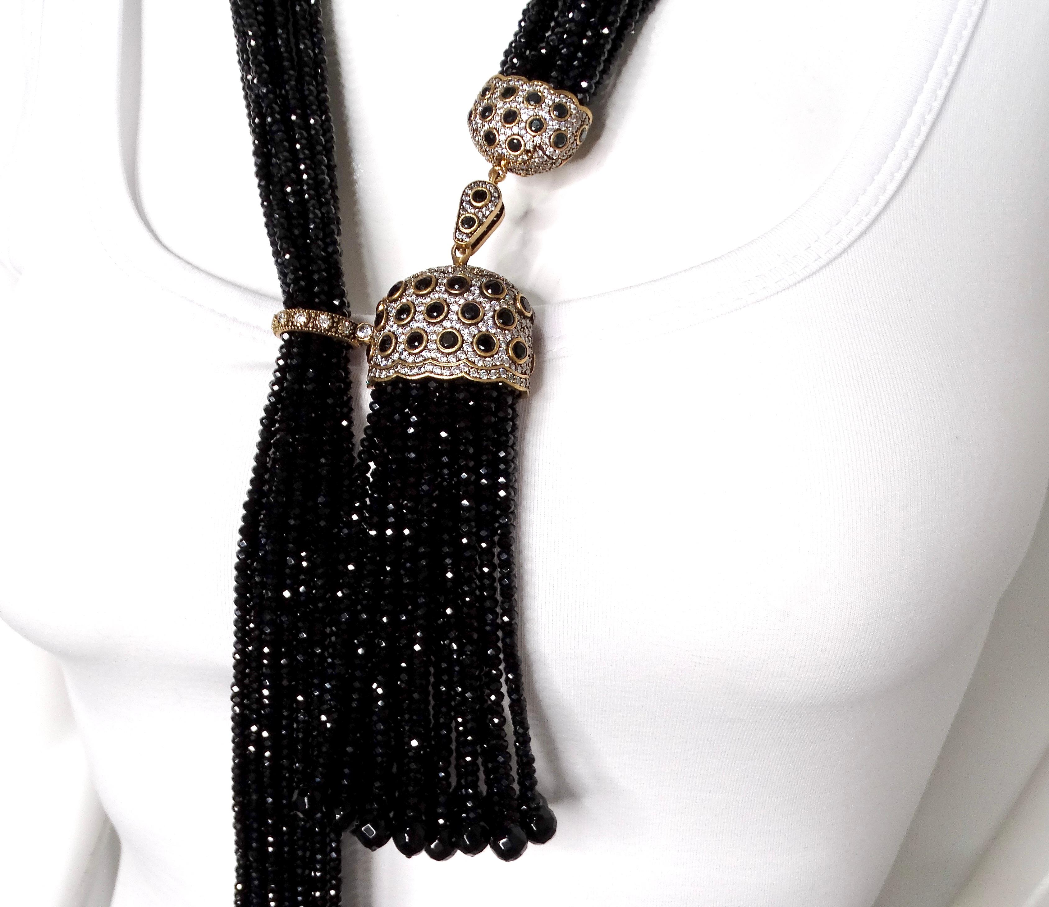 Collier à pampilles en perles de cristal noir multibrins circa 1980 Bon état - En vente à Scottsdale, AZ