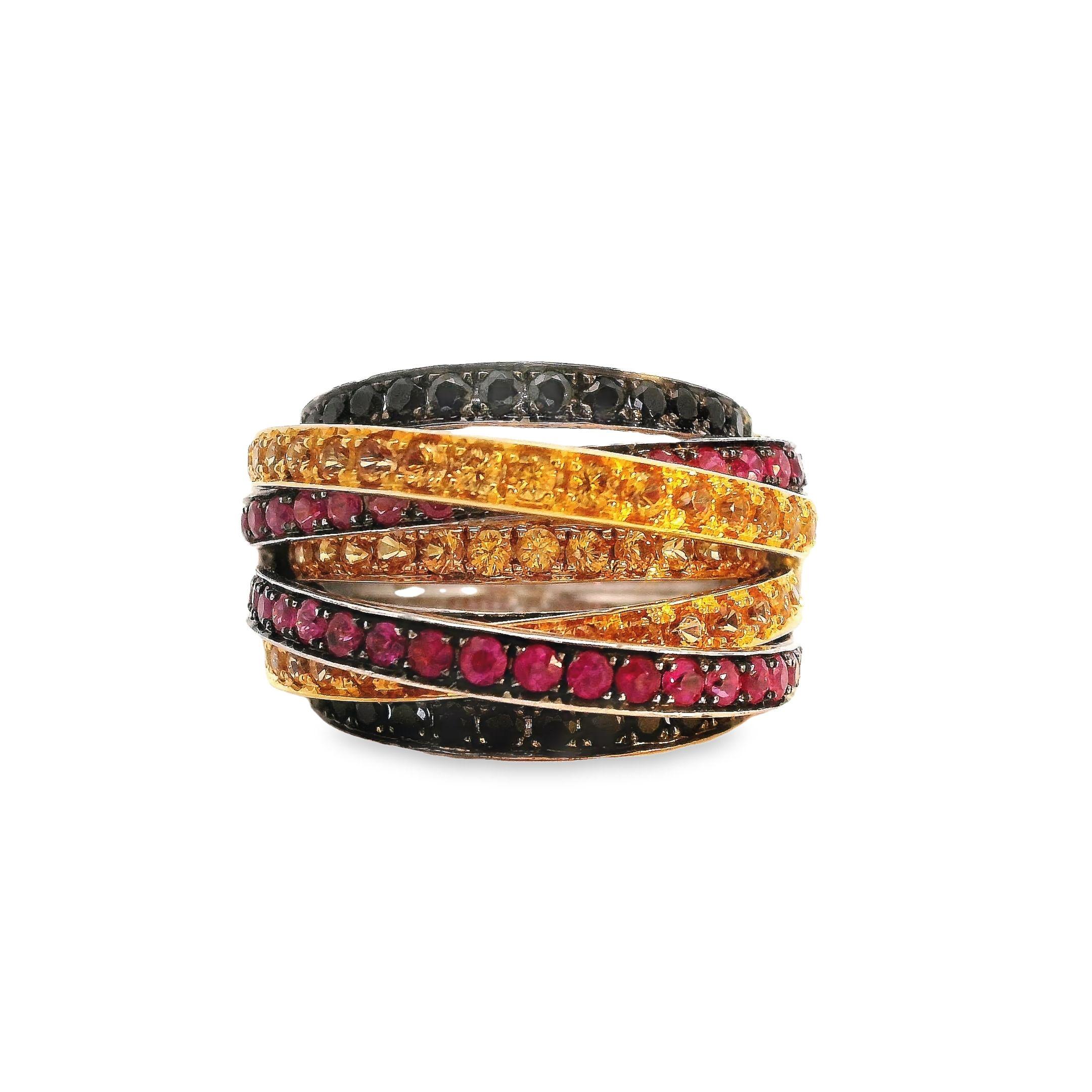 Round Cut Multi Strand Black Diamond Yellow Sapphire Ruby Ring in 18K White Gold For Sale