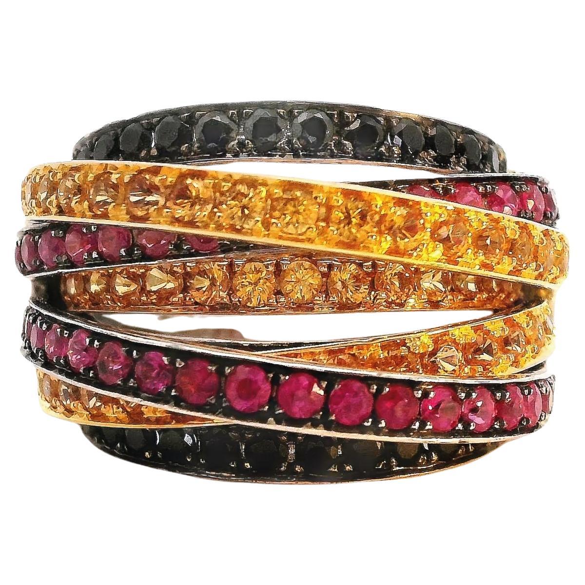 Multi Strand Black Diamond Yellow Sapphire Ruby Ring in 18K White Gold
