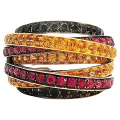 Multi Strand Black Diamond Yellow Sapphire Ruby Ring in 18K White Gold