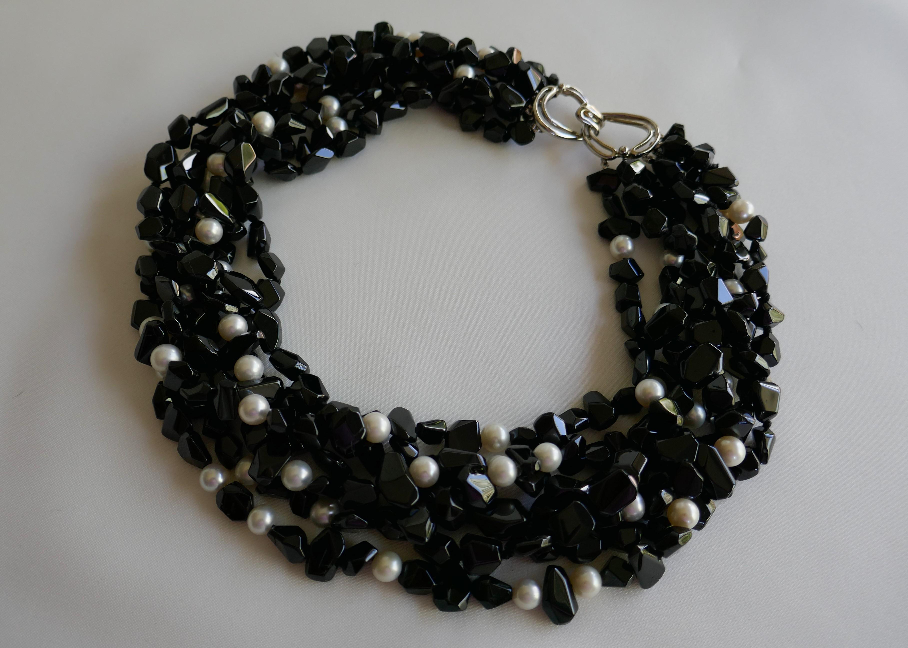 Multi Strand Black Spinel  White Cultured Pearls 925 Sterling Gemstone Necklace In New Condition For Sale In Coral Gables, FL