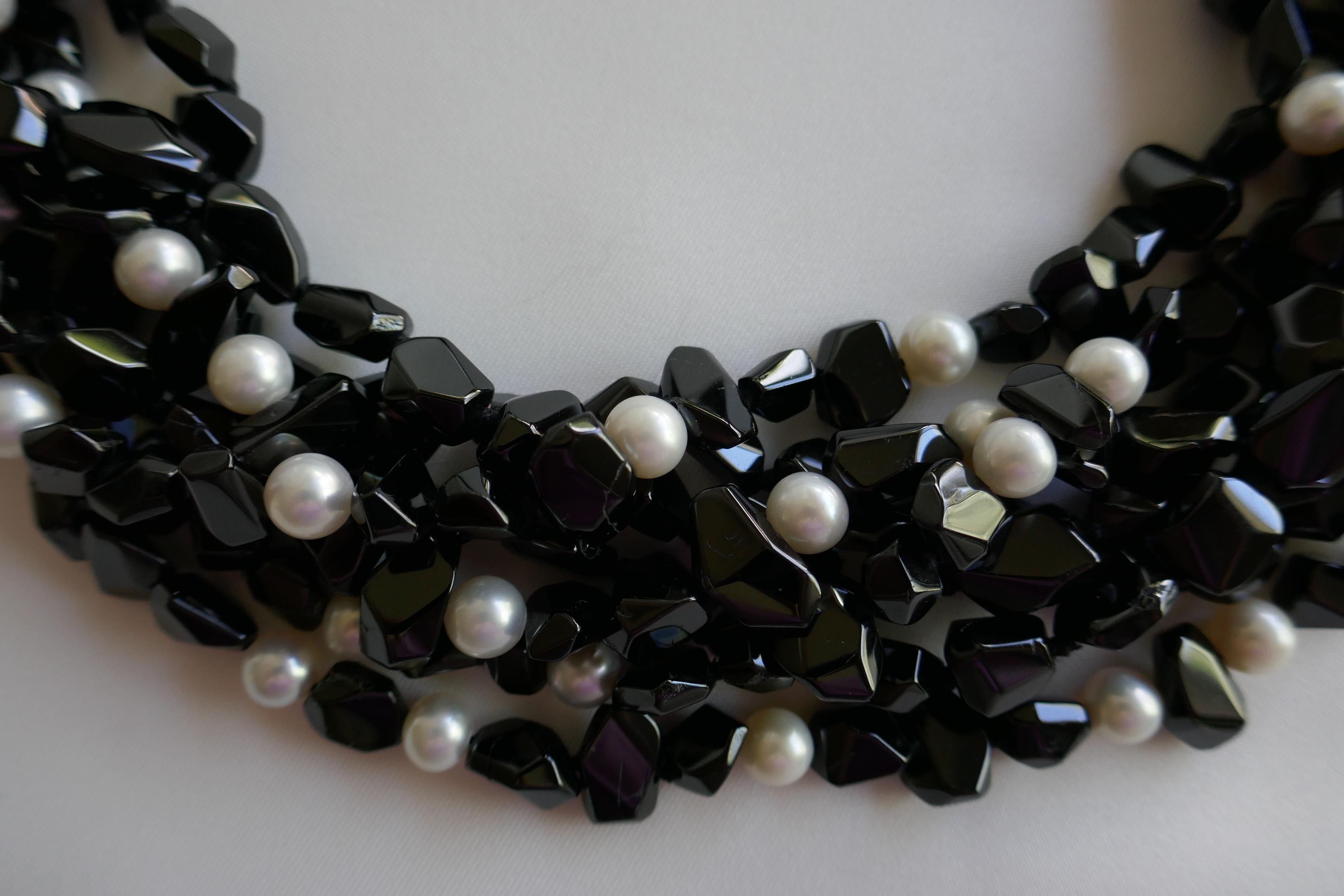 Women's Multi Strand Black Spinel  White Cultured Pearls 925 Sterling Gemstone Necklace For Sale