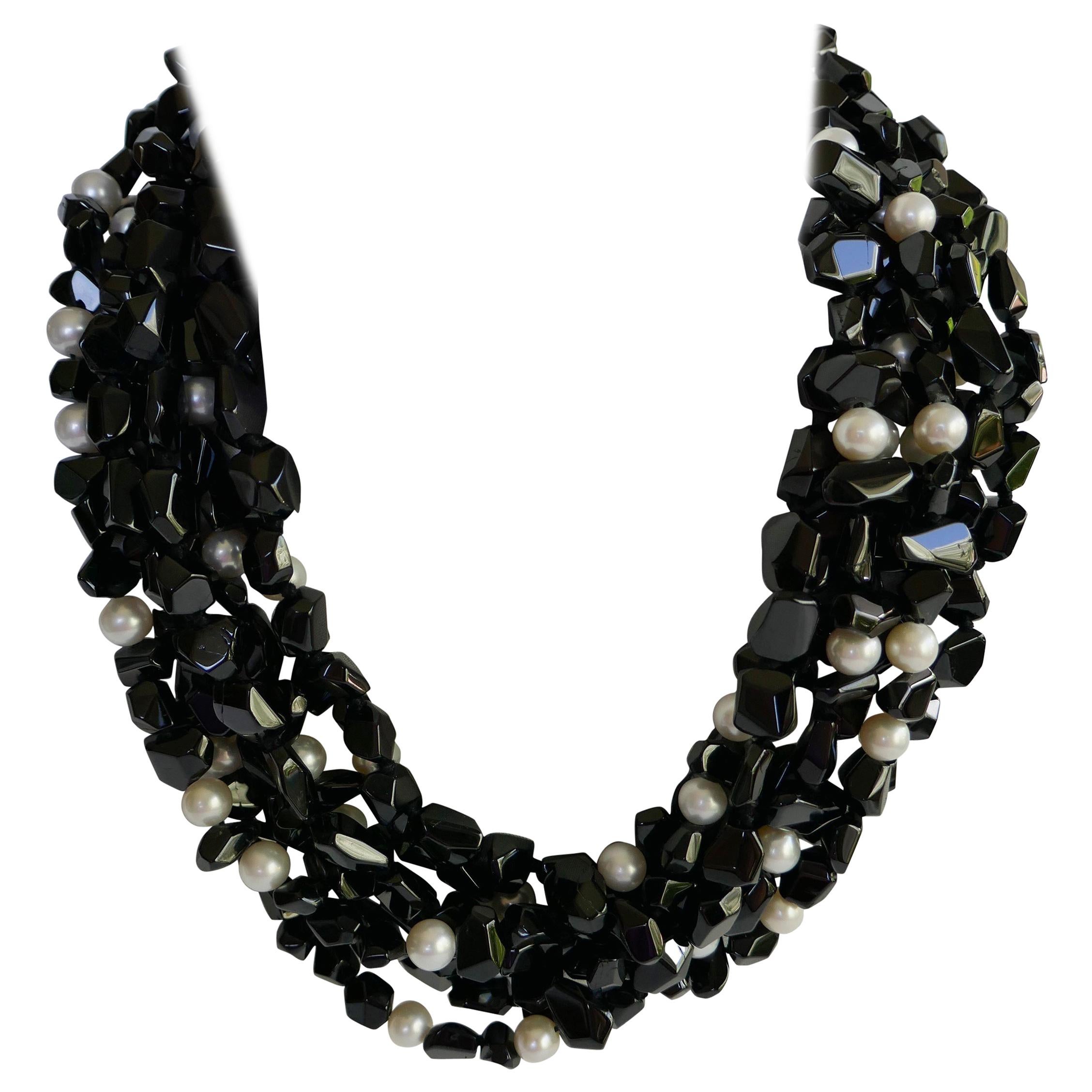 Multi Strand Black Spinel  White Cultured Pearls 925 Sterling Gemstone Necklace For Sale