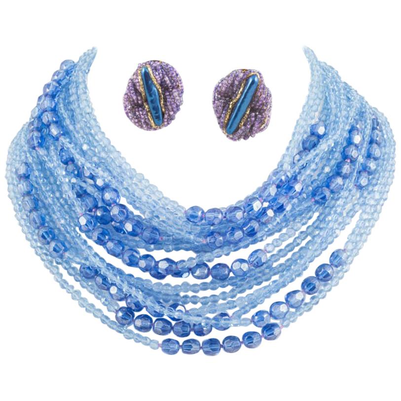 Multi strand blue faceted bead necklace and earrings, Ornella, Italy, 1970s For Sale