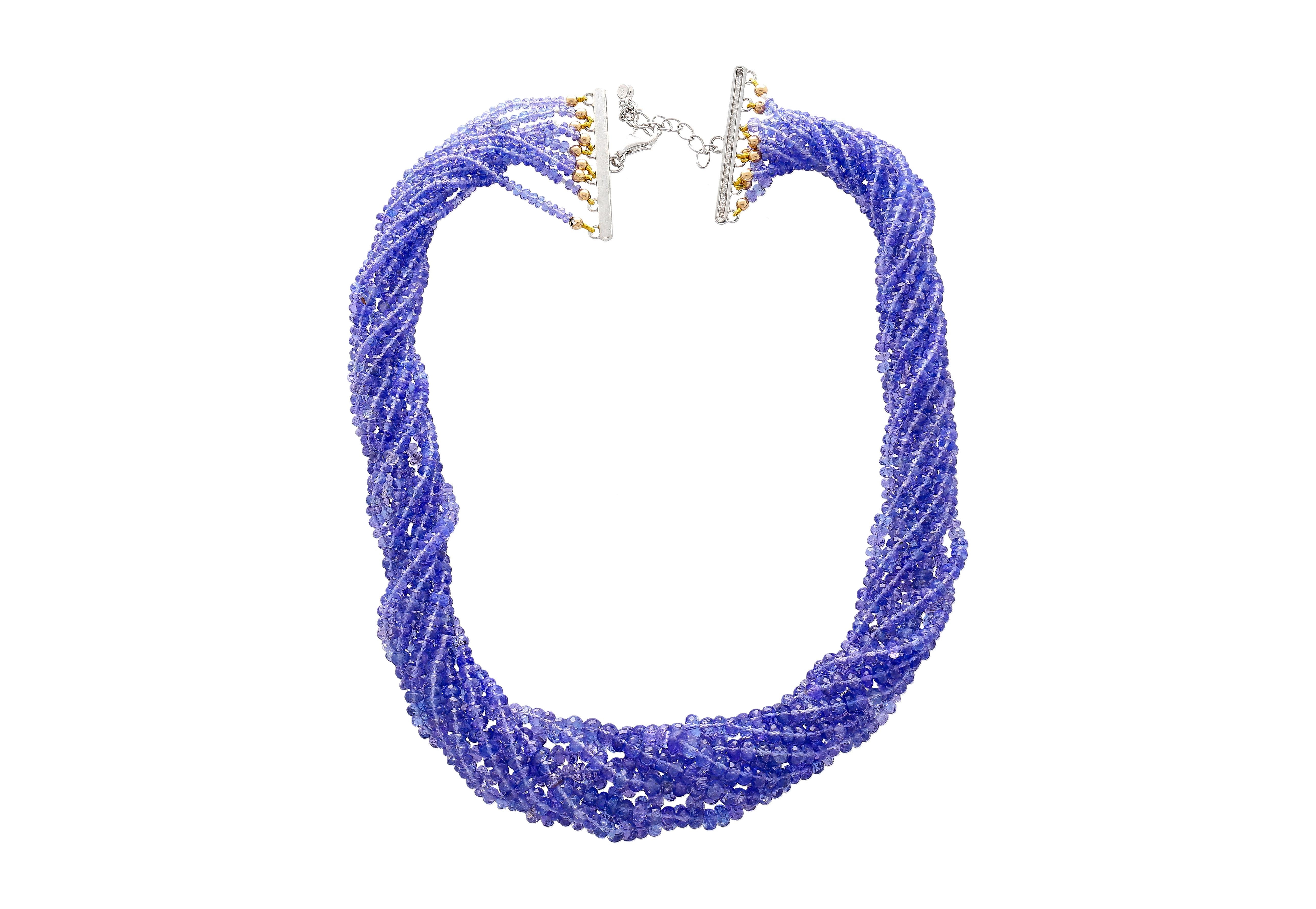 Multi-Strand Blue Tanzanite Beads & Round Cut Diamond Necklace in 18K White Gold For Sale 5