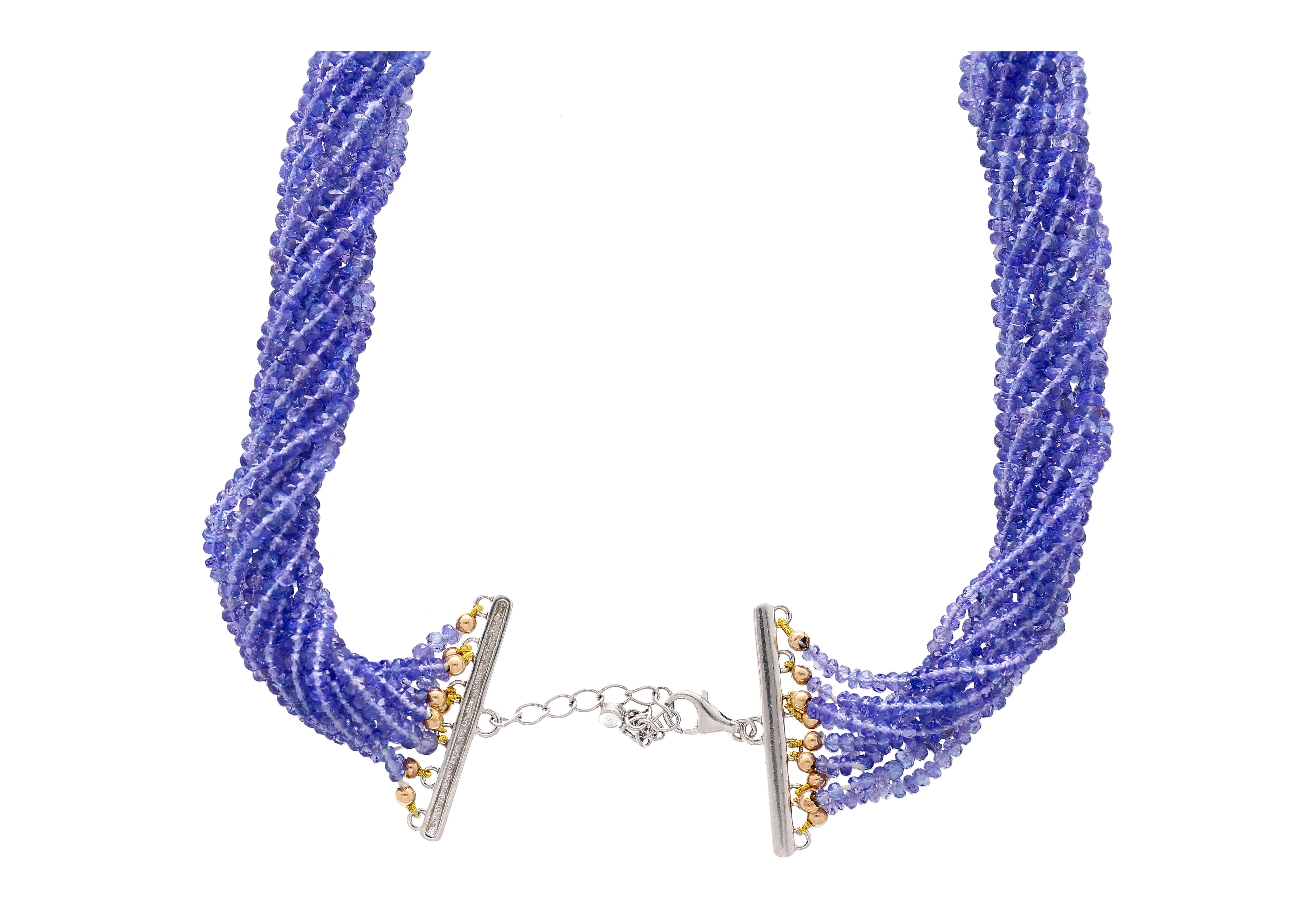 Artist Multi-Strand Blue Tanzanite Beads & Round Cut Diamond Necklace in 18K White Gold For Sale