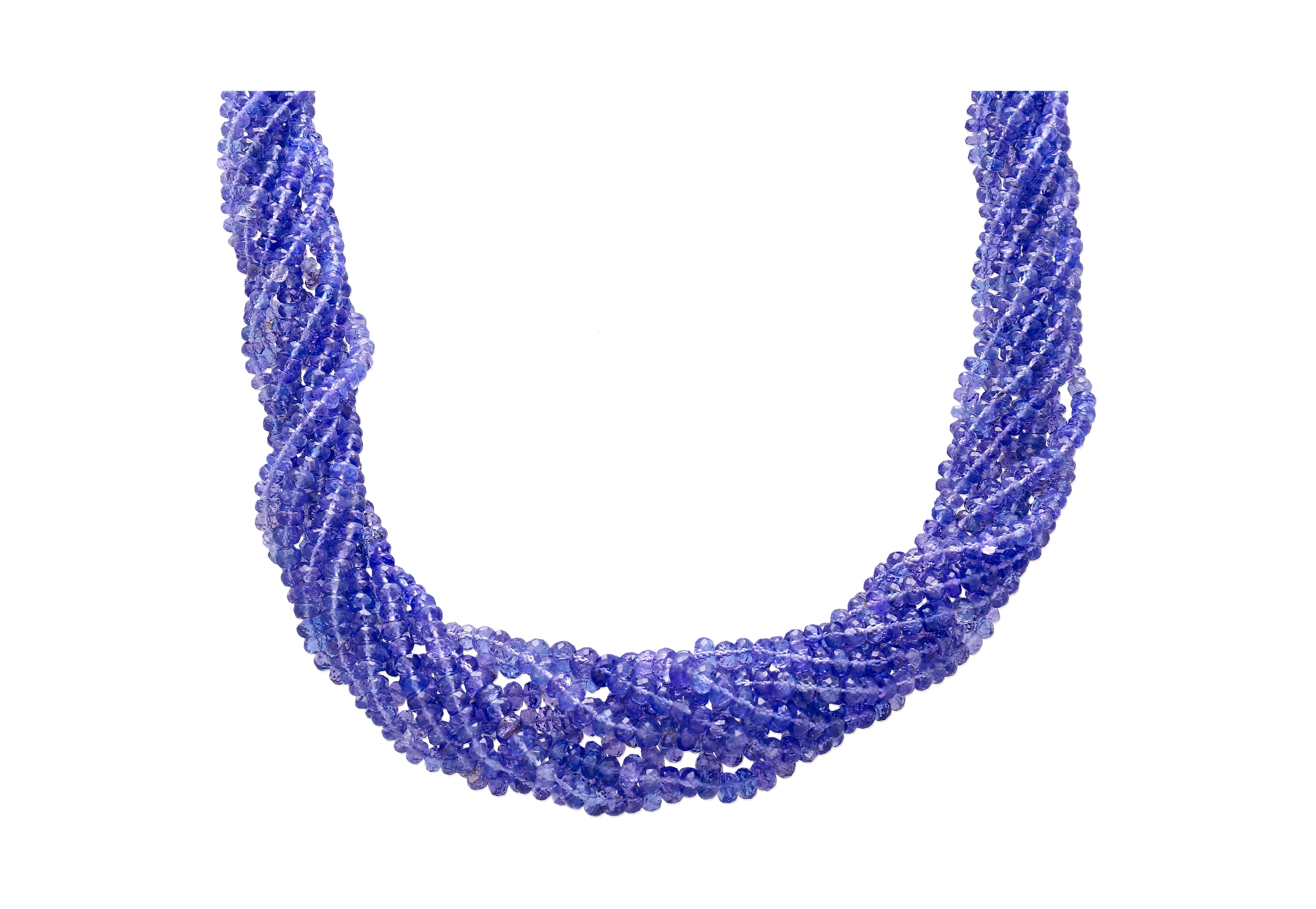 Multi-Strand Blue Tanzanite Beads & Round Cut Diamond Necklace in 18K White Gold In New Condition For Sale In Miami, FL