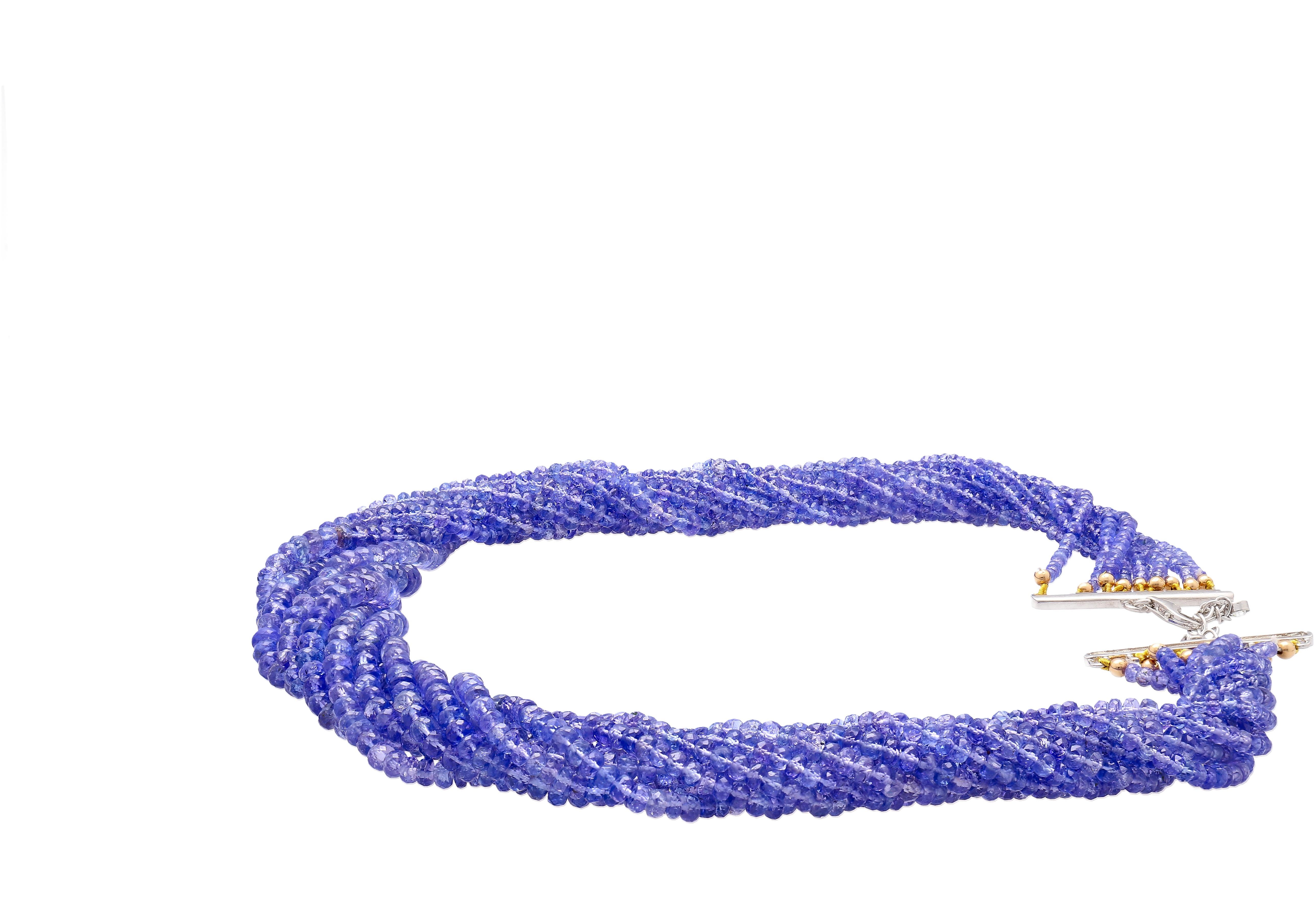 Women's Multi-Strand Blue Tanzanite Beads & Round Cut Diamond Necklace in 18K White Gold For Sale