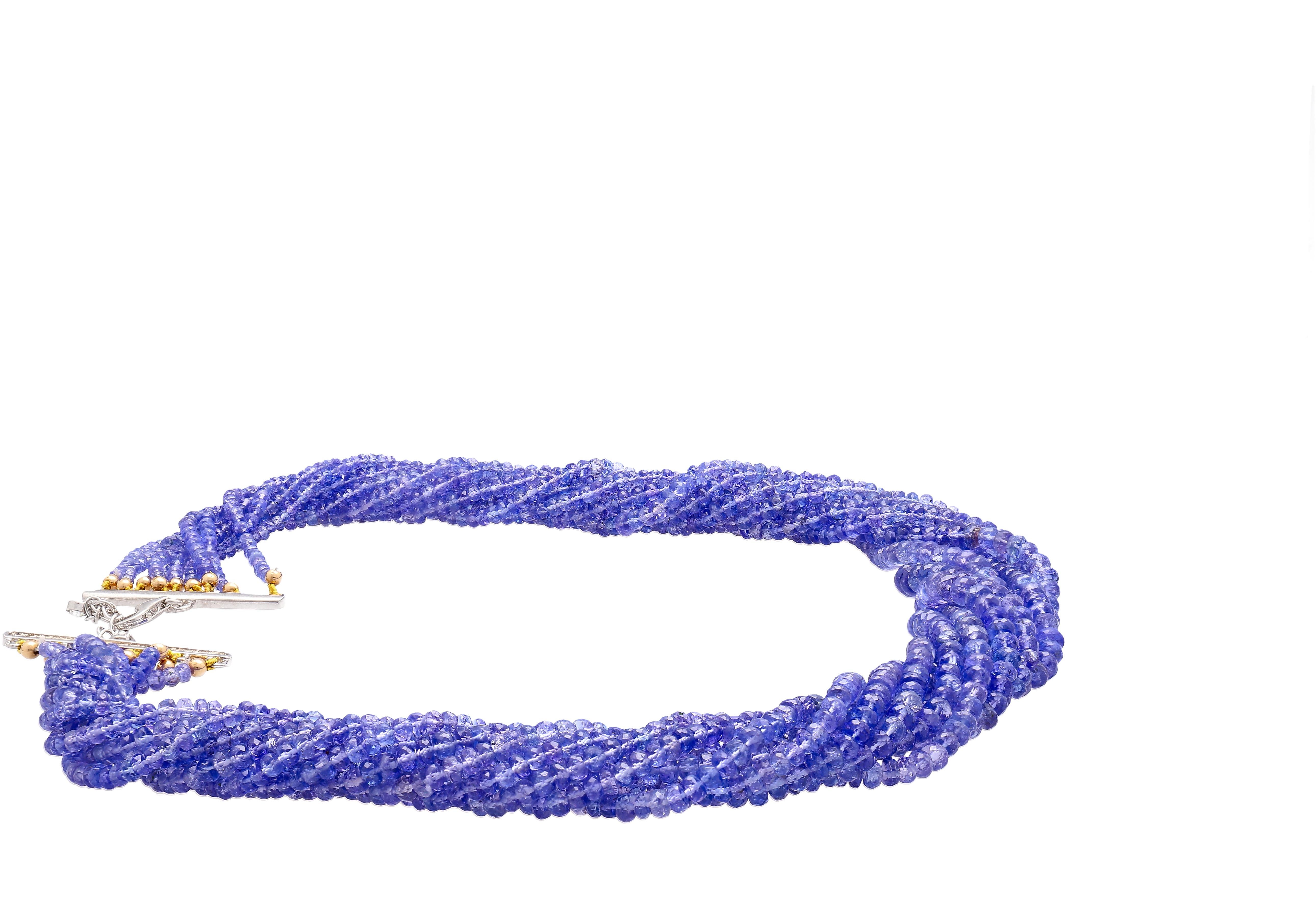 Multi-Strand Blue Tanzanite Beads & Round Cut Diamond Necklace in 18K White Gold For Sale 1