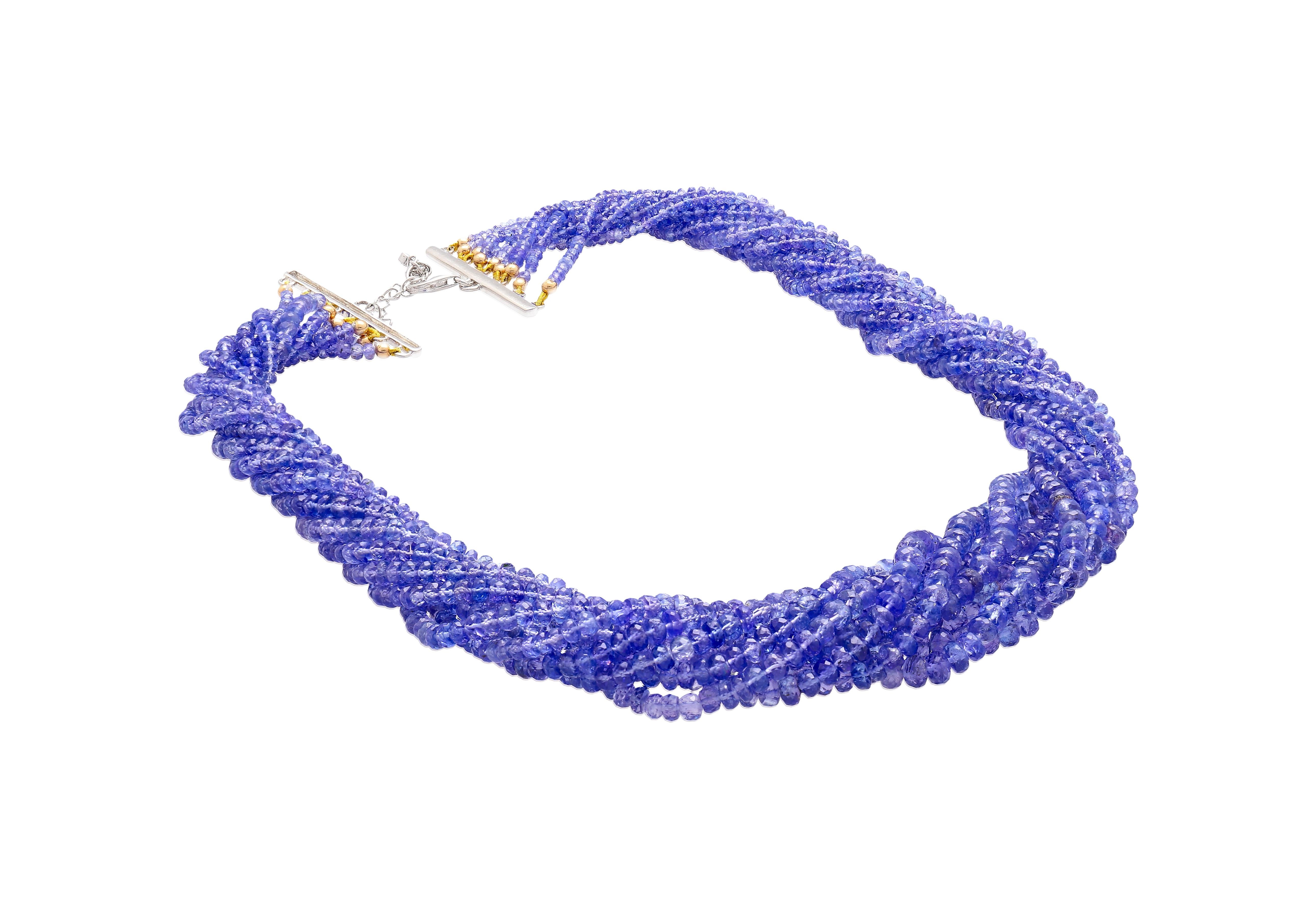 Multi-Strand Blue Tanzanite Beads & Round Cut Diamond Necklace in 18K White Gold For Sale 2