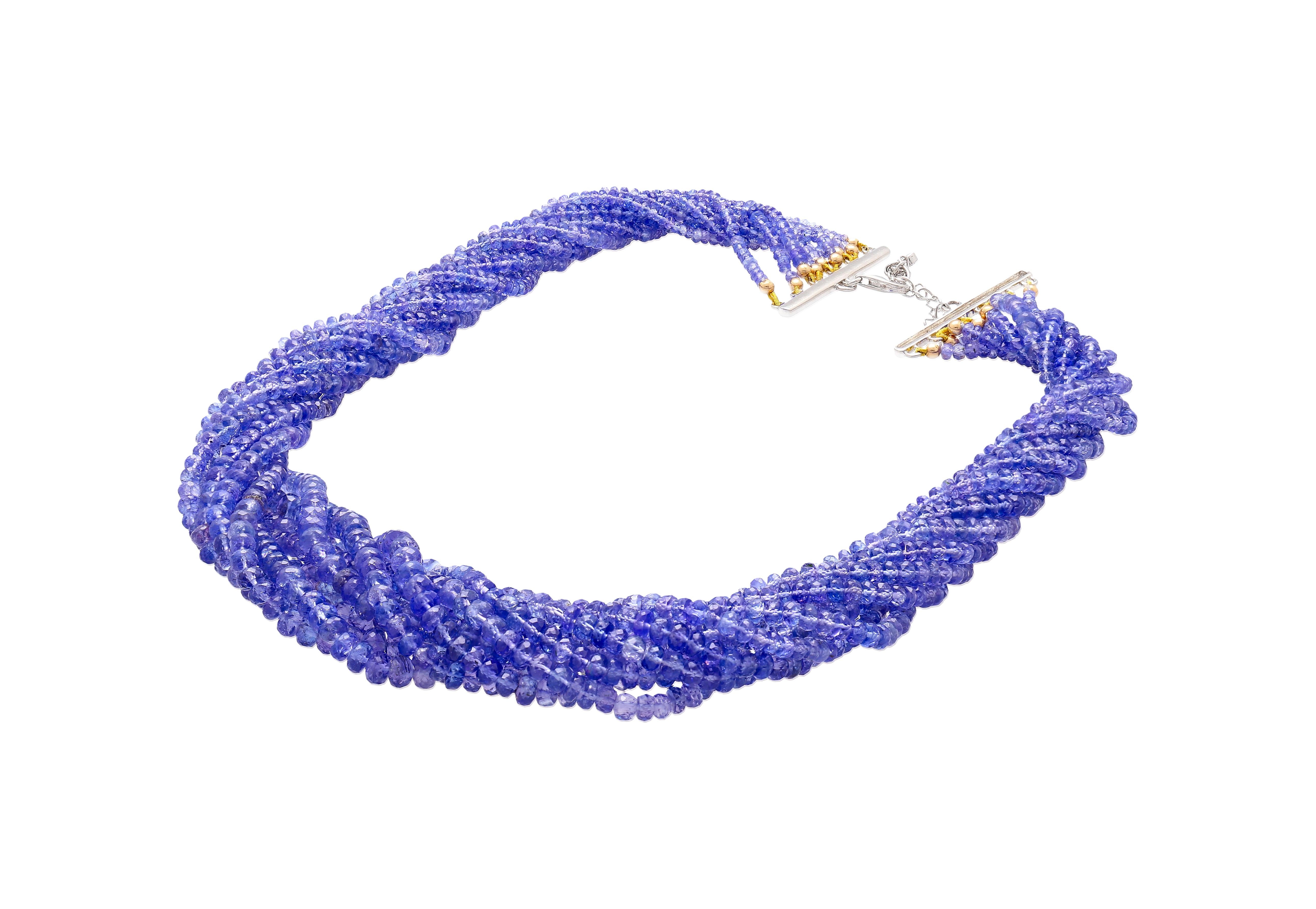 Multi-Strand Blue Tanzanite Beads & Round Cut Diamond Necklace in 18K White Gold For Sale 3