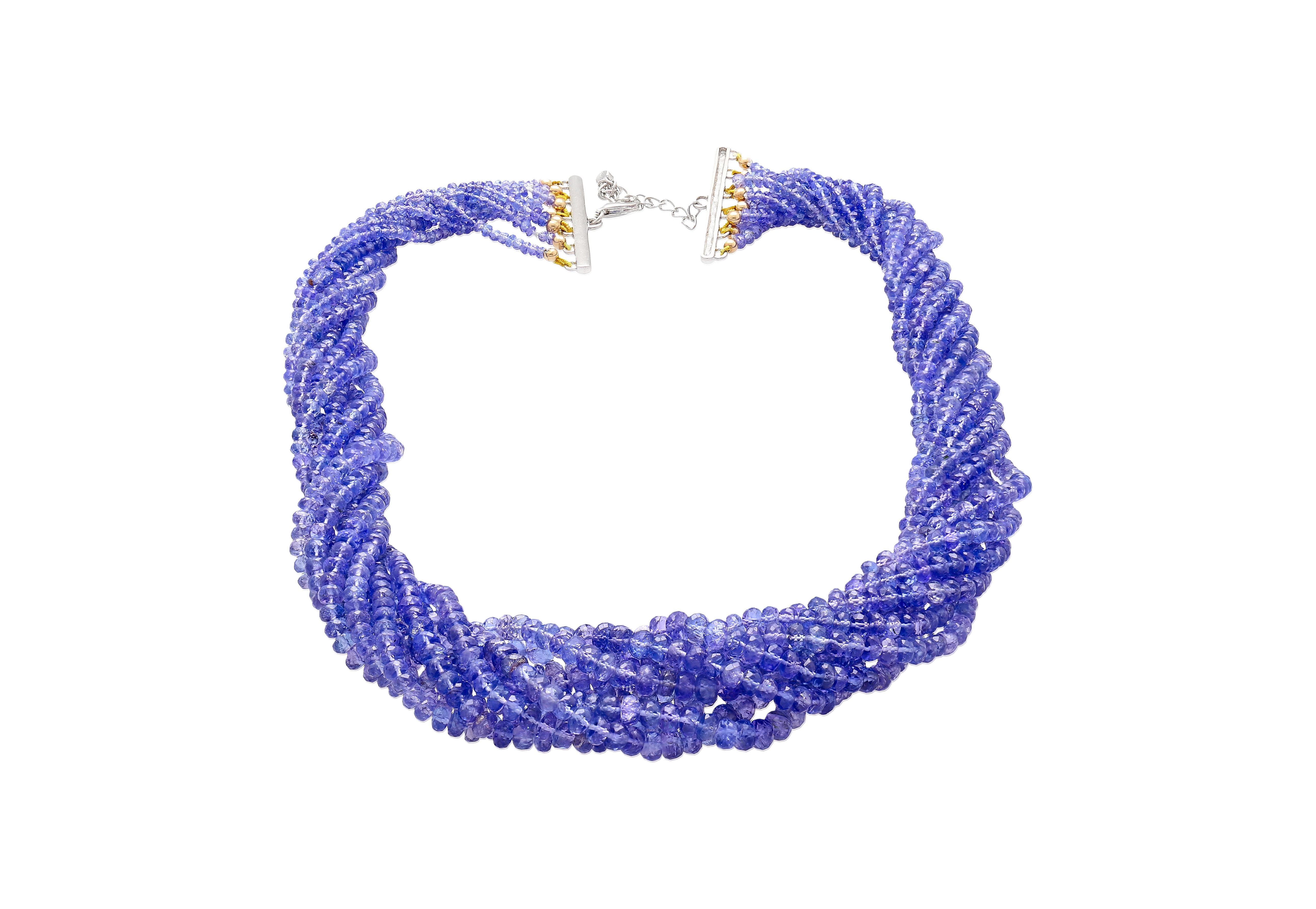 Multi-Strand Blue Tanzanite Beads & Round Cut Diamond Necklace in 18K White Gold For Sale 4