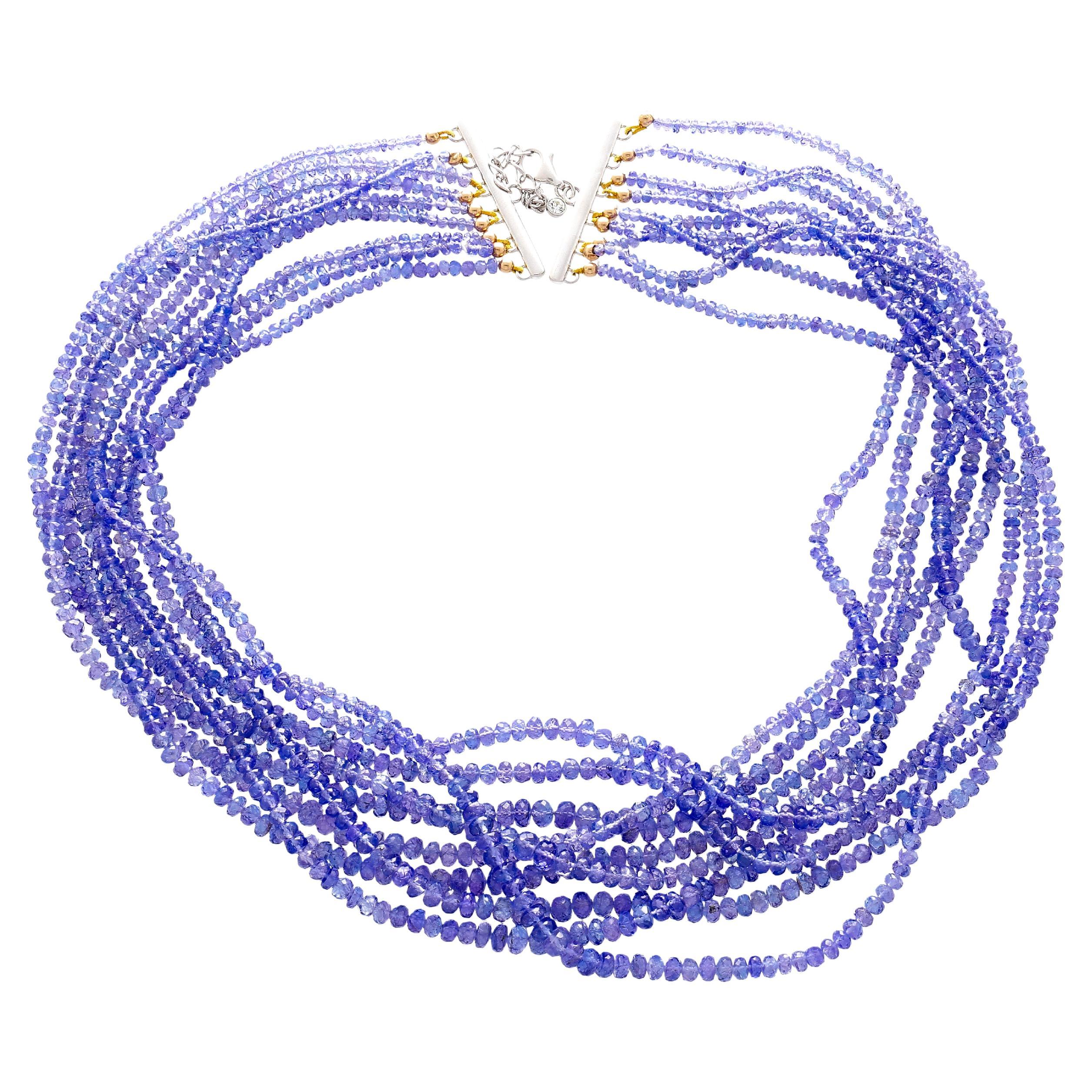 Multi-Strand Blue Tanzanite Beads & Round Cut Diamond Necklace in 18K White Gold For Sale