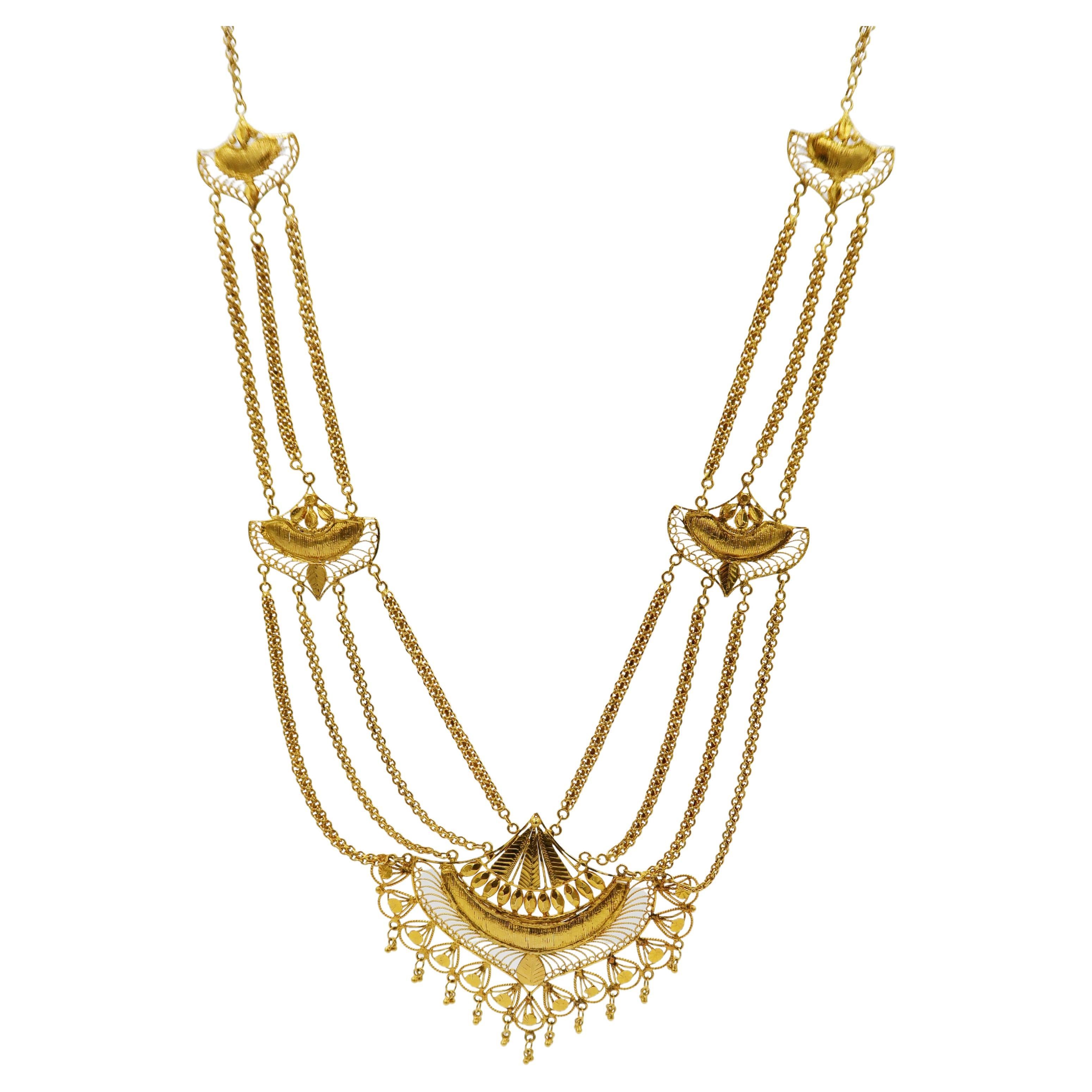 Multi-Strand Bridal Faceted Engraved Chandelier Princess Gold Necklace in 22K For Sale