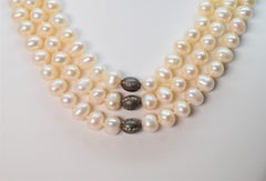 Multi Strand Button Pearl Necklace w Diamond Accented Sterling Silver Beads