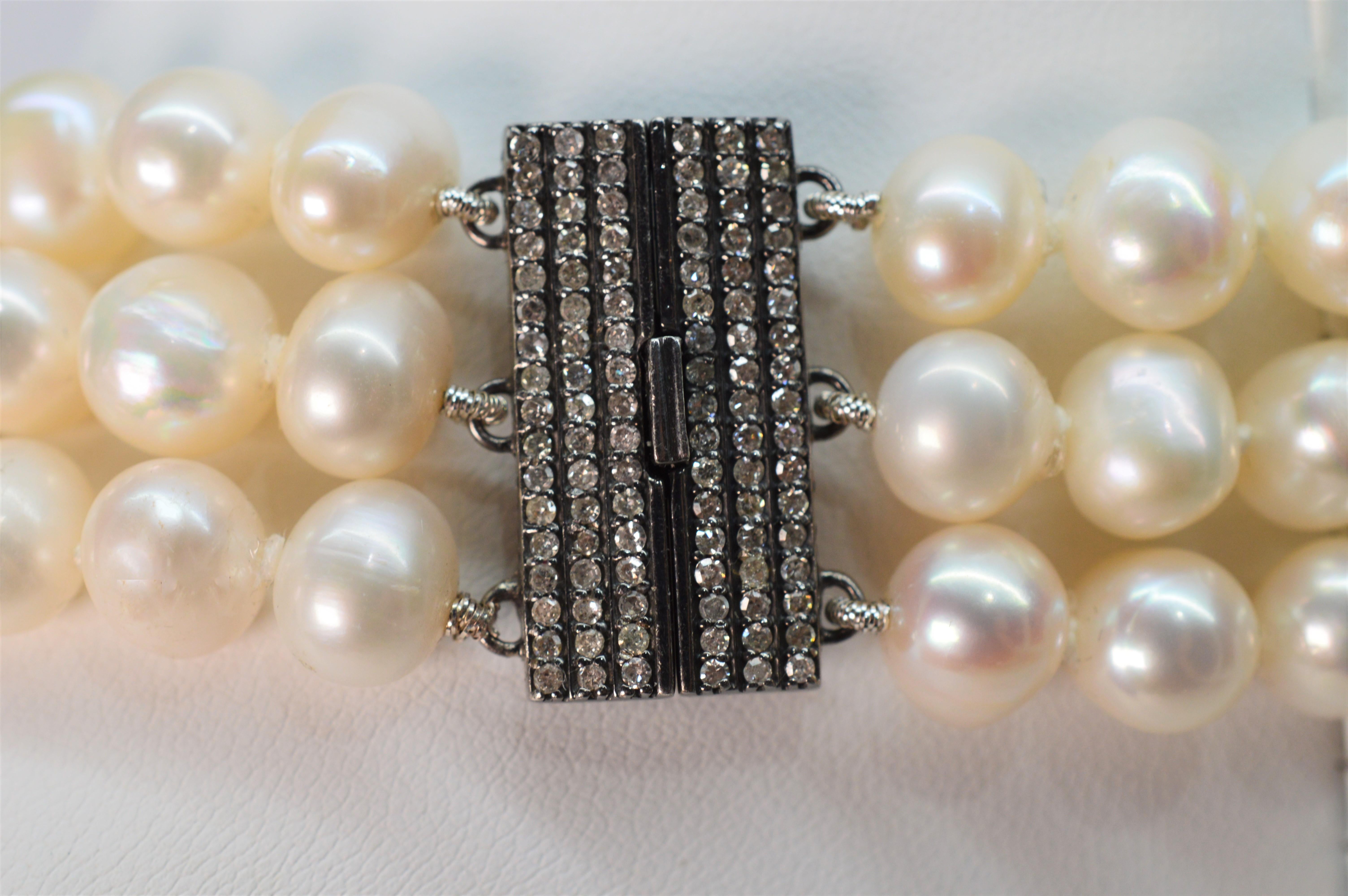 Round Cut Multi Strand Button Pearl Necklace w Diamond Accented Sterling Silver Beads For Sale