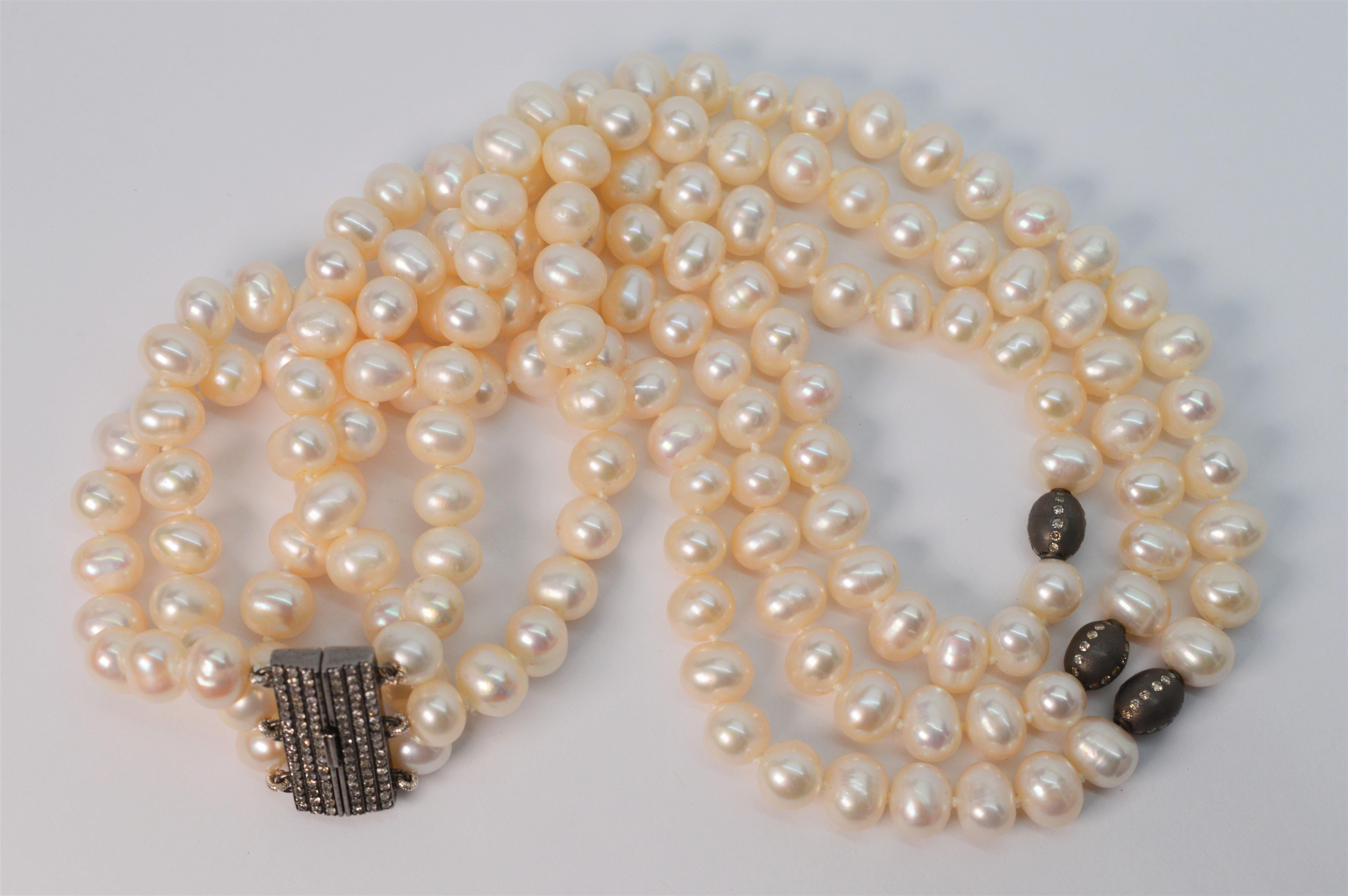 Multi Strand Button Pearl Necklace w Diamond Accented Sterling Silver Beads In New Condition For Sale In Mount Kisco, NY
