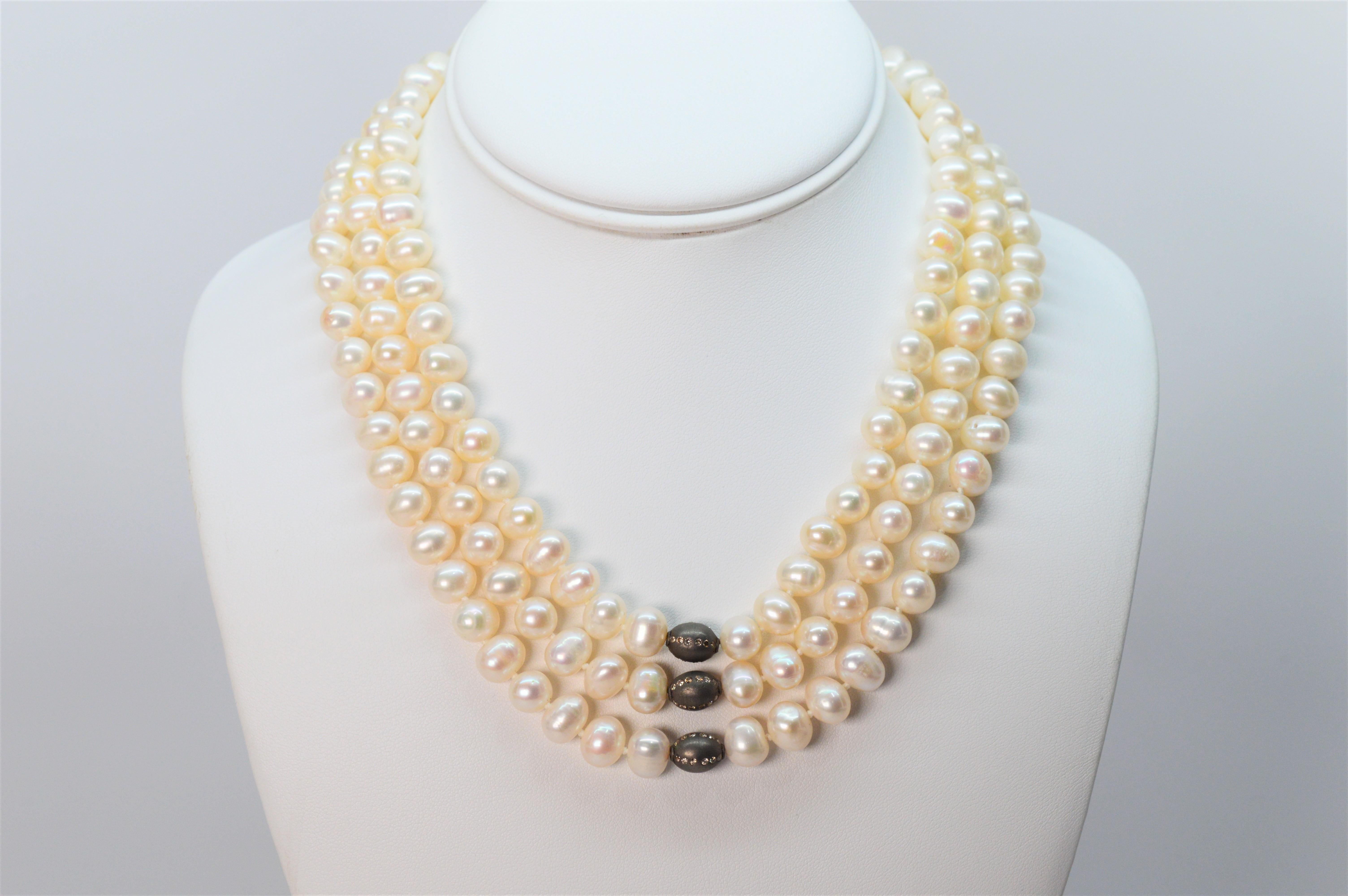 Women's Multi Strand Button Pearl Necklace w Diamond Accented Sterling Silver Beads For Sale