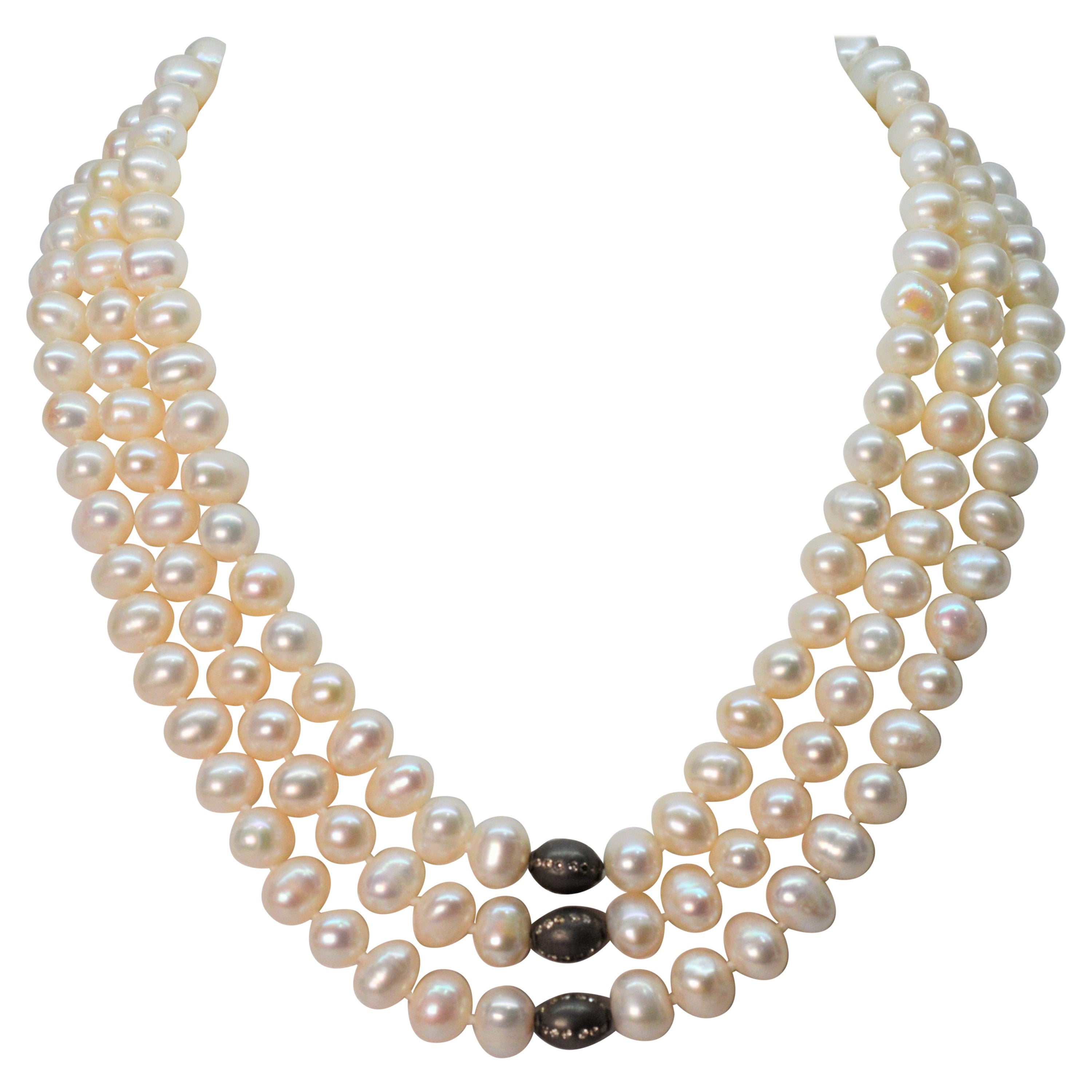 Multi Strand Button Pearl Necklace w Diamond Accented Sterling Silver Beads